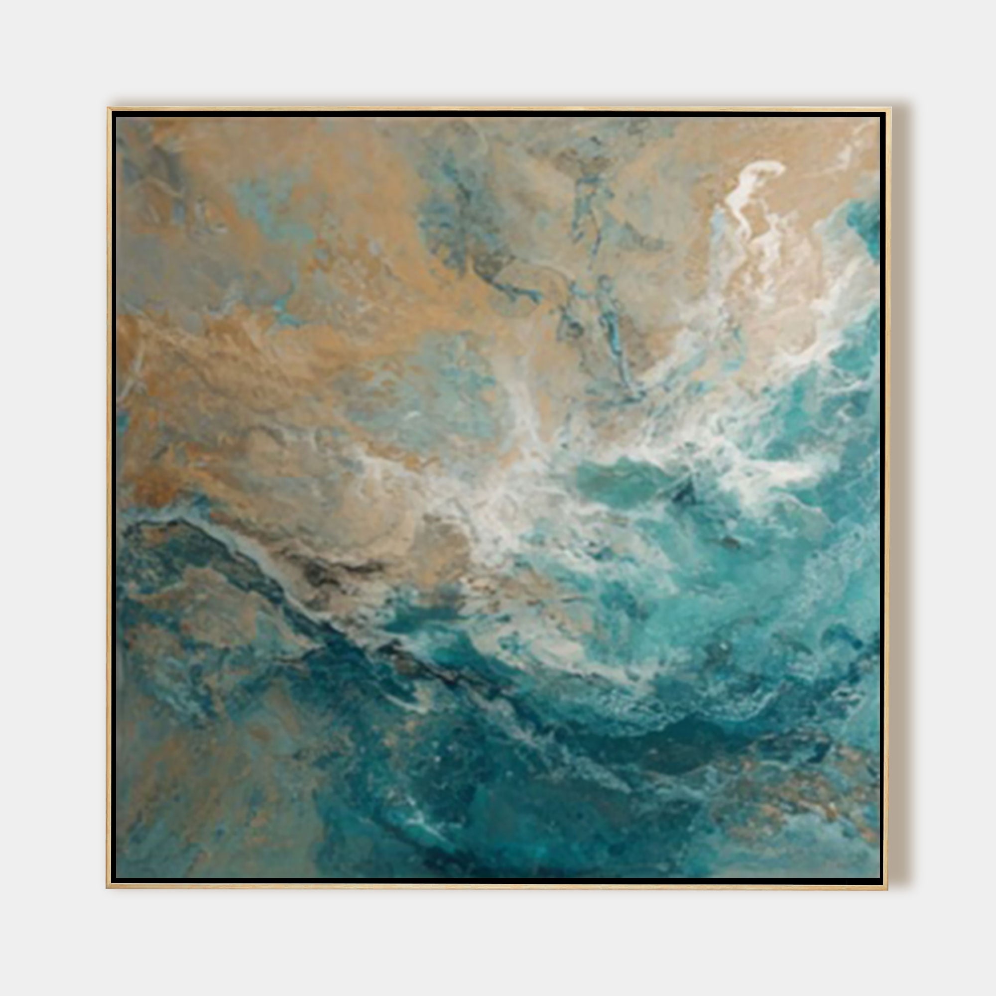 Abstract ocean wall art with teal blue and beige wave texture