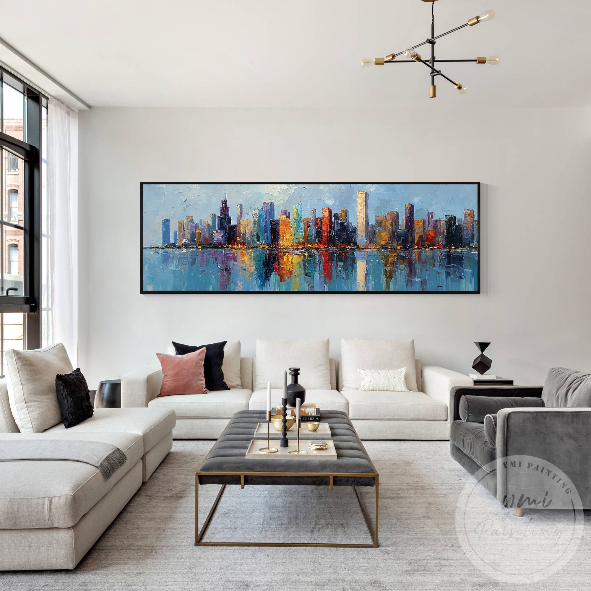 Urban reflection cityscape painting Chicago skyline artwork