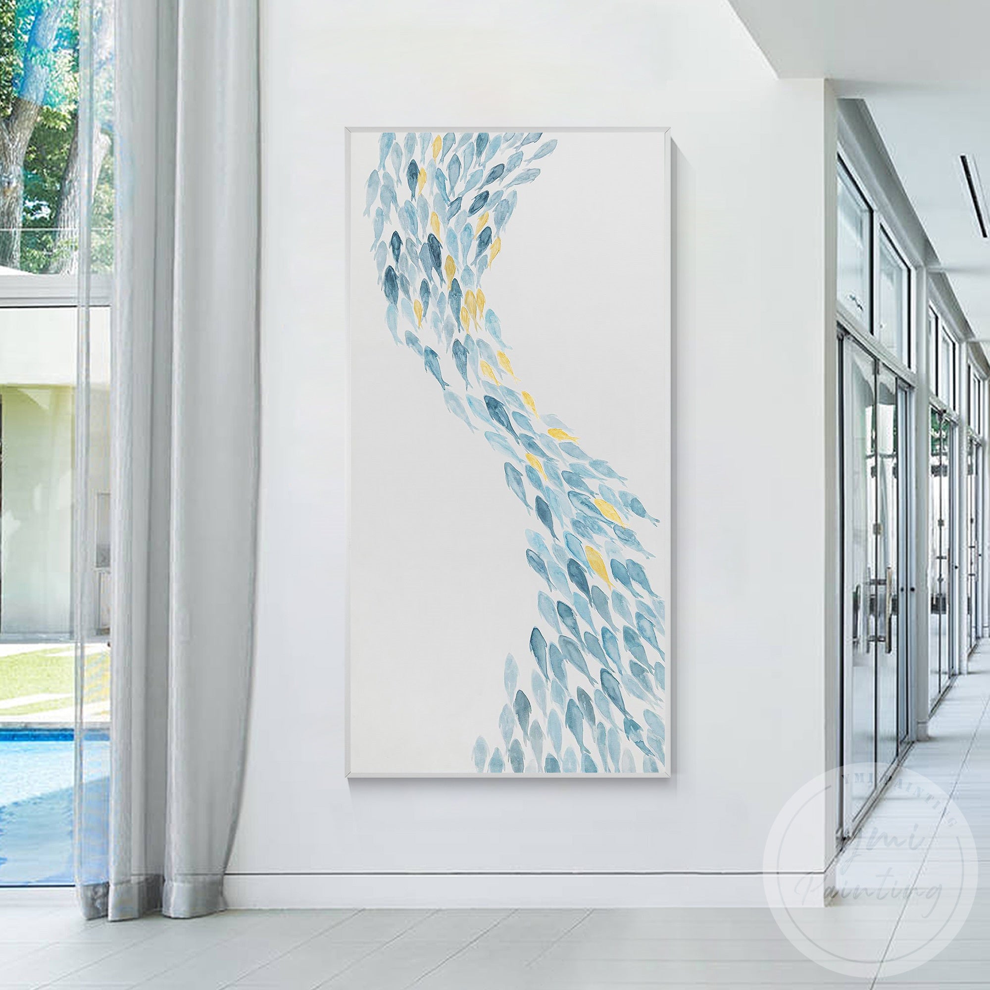 Handmade light blue fish painting vertical ocean wall decor