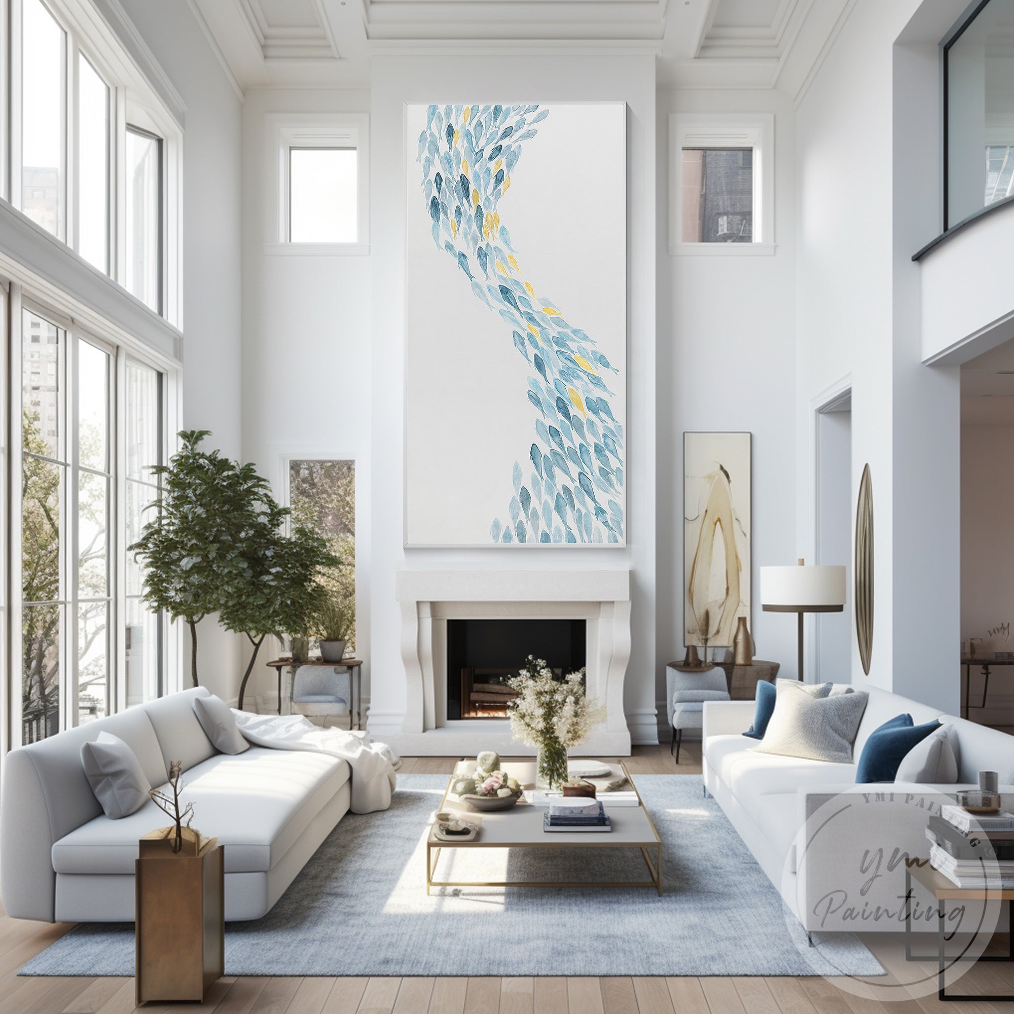 Minimalist school of fish canvas for modern coastal interiors