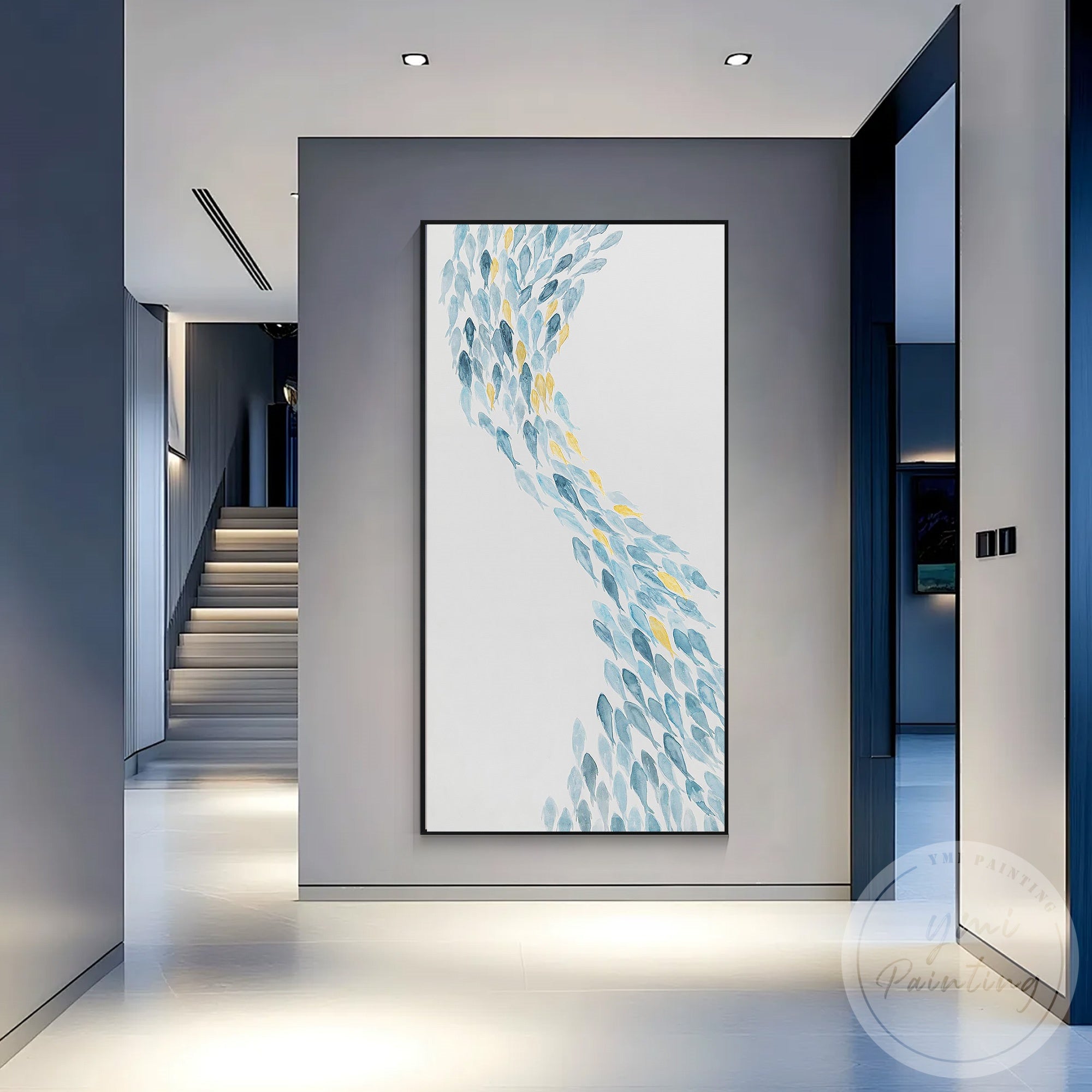 Large vertical ocean painting light blue coastal artwork