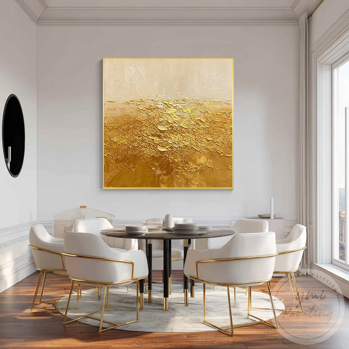 Neutral textured canvas art with gold abstract details