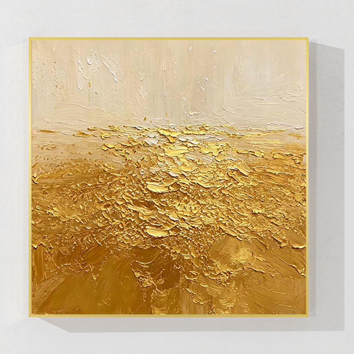 Large gold abstract painting on neutral textured canvas
