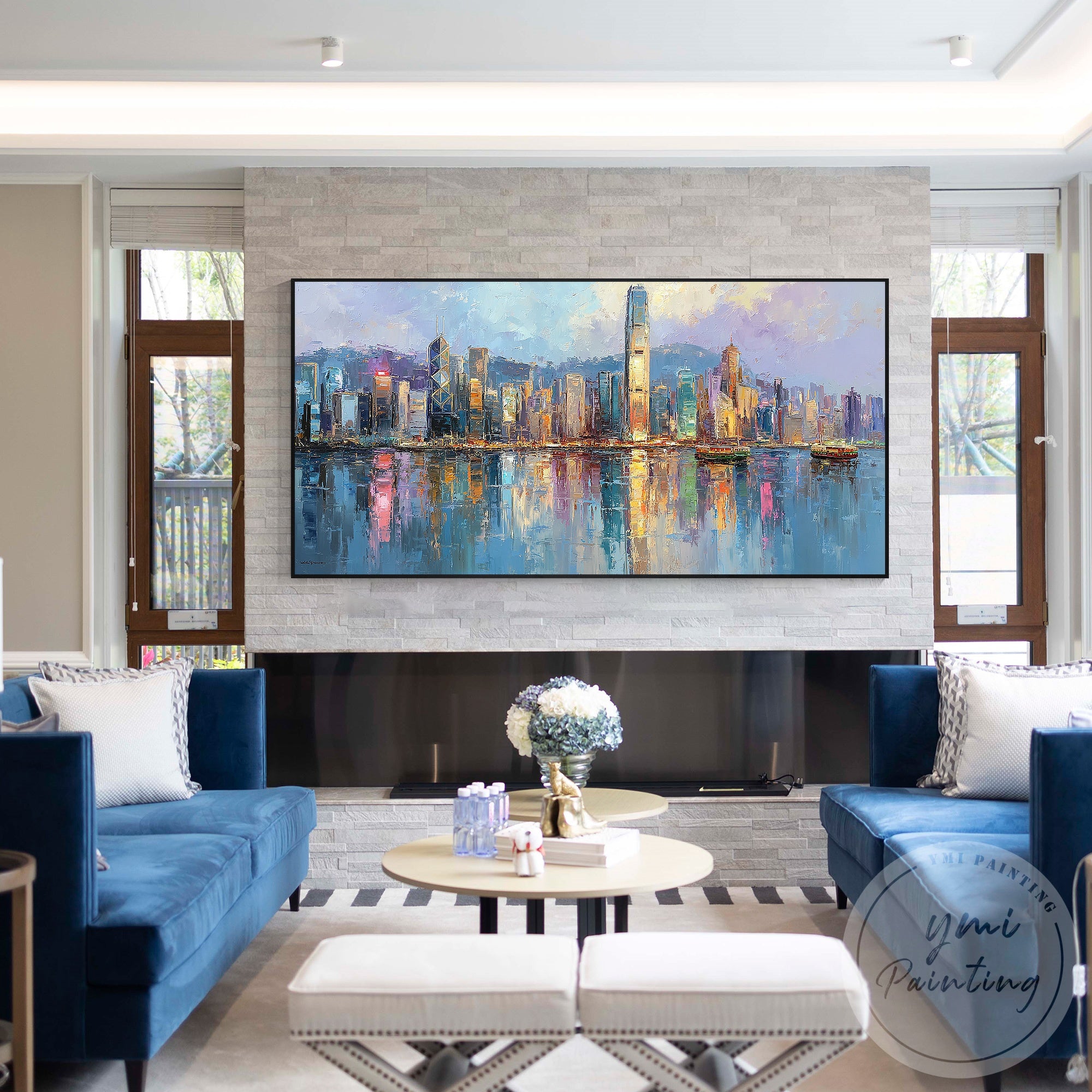 Oversized cityscape canvas painting Hong Kong urban wall art