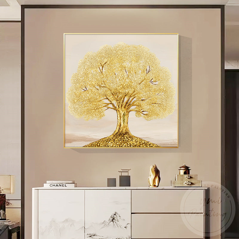 Elegant oil painting of a golden life tree with detailed golden leaf decoration and delicate texture.