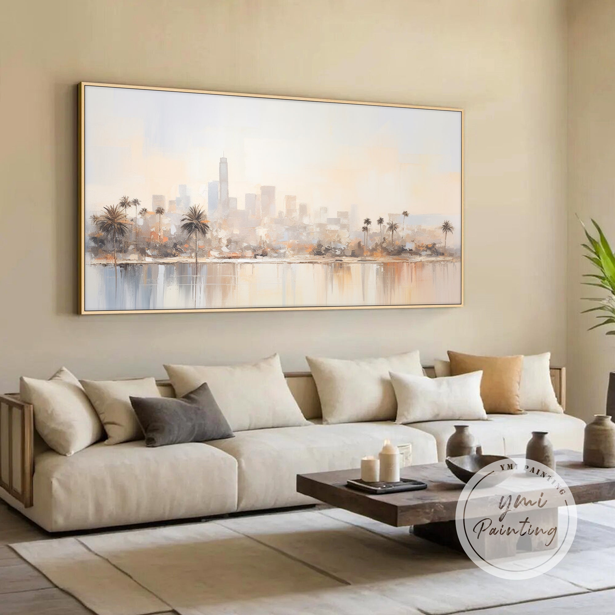 Los Angeles skyline abstract painting in neutral tones above sofa wall decor