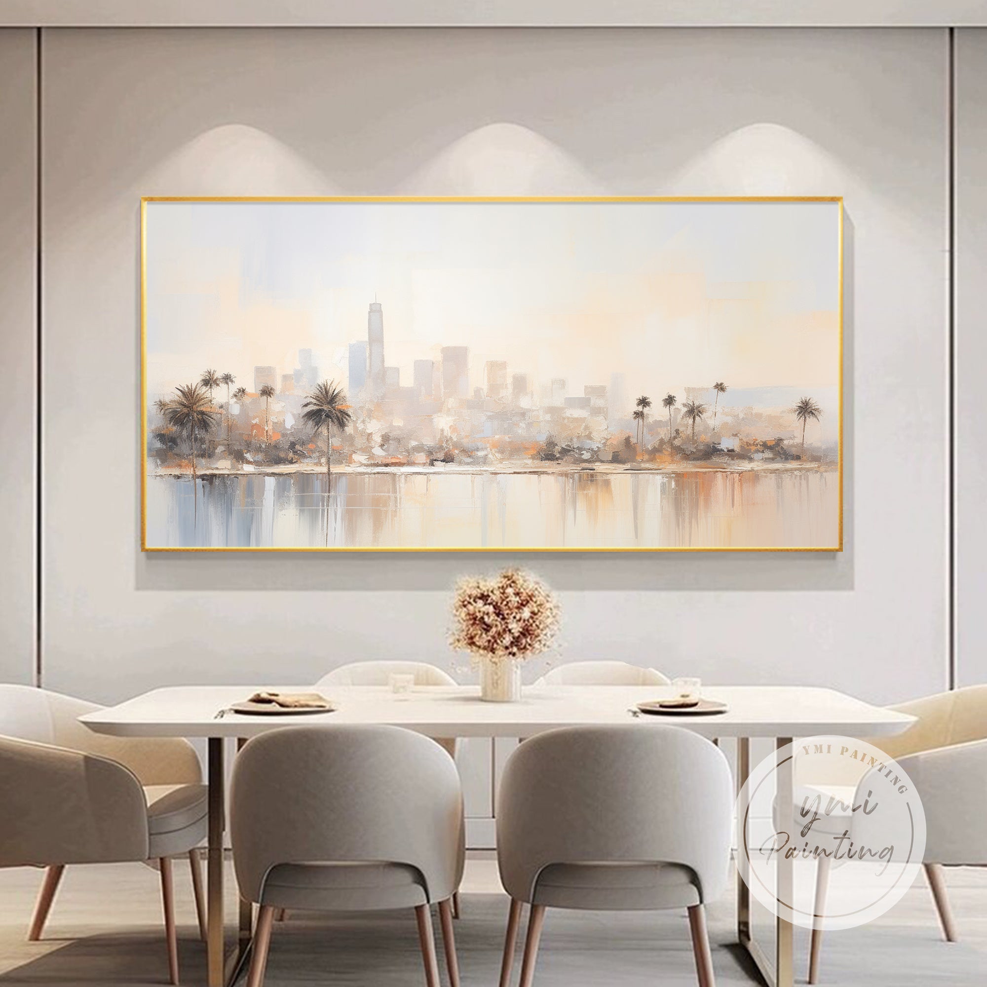 Large Los Angeles skyline wall art with water reflection for home decor