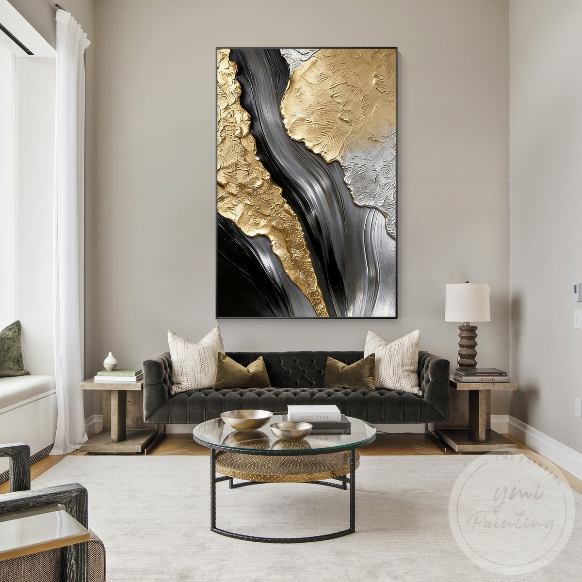 Black and gold fluid abstract wall art for living room