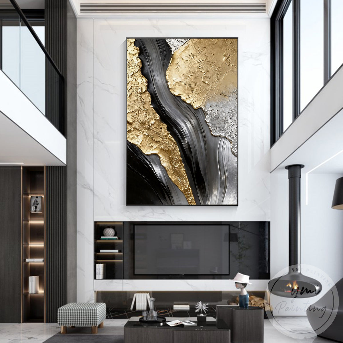 Metallic gold abstract painting with marble effect