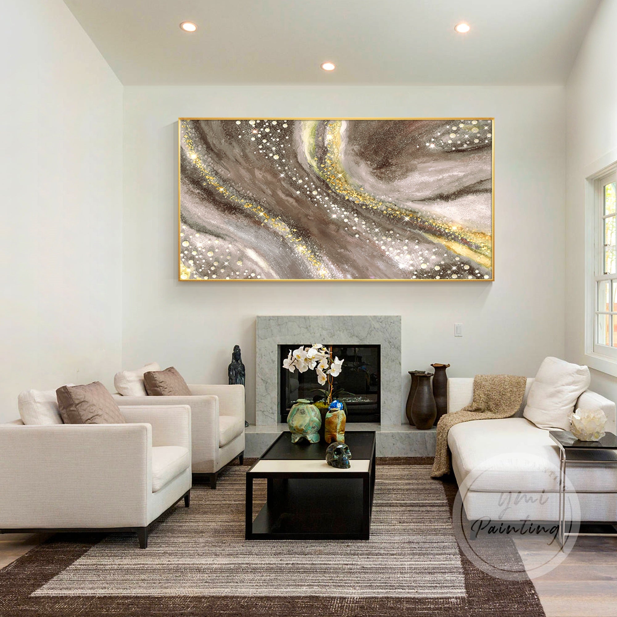 Elegant gold-accented earth tone canvas painting for luxury interiors.