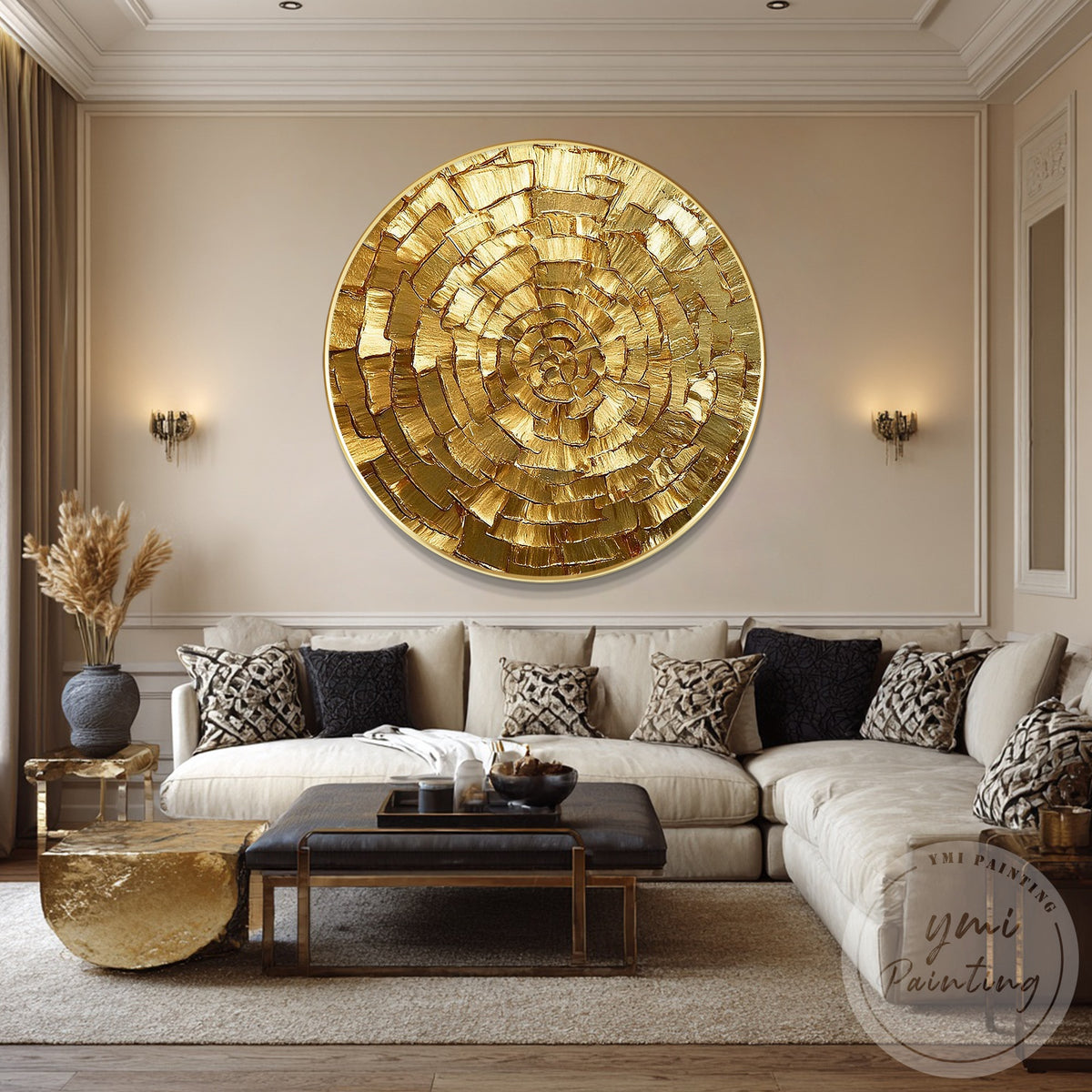 Modern gold round wall art with metallic 3D details