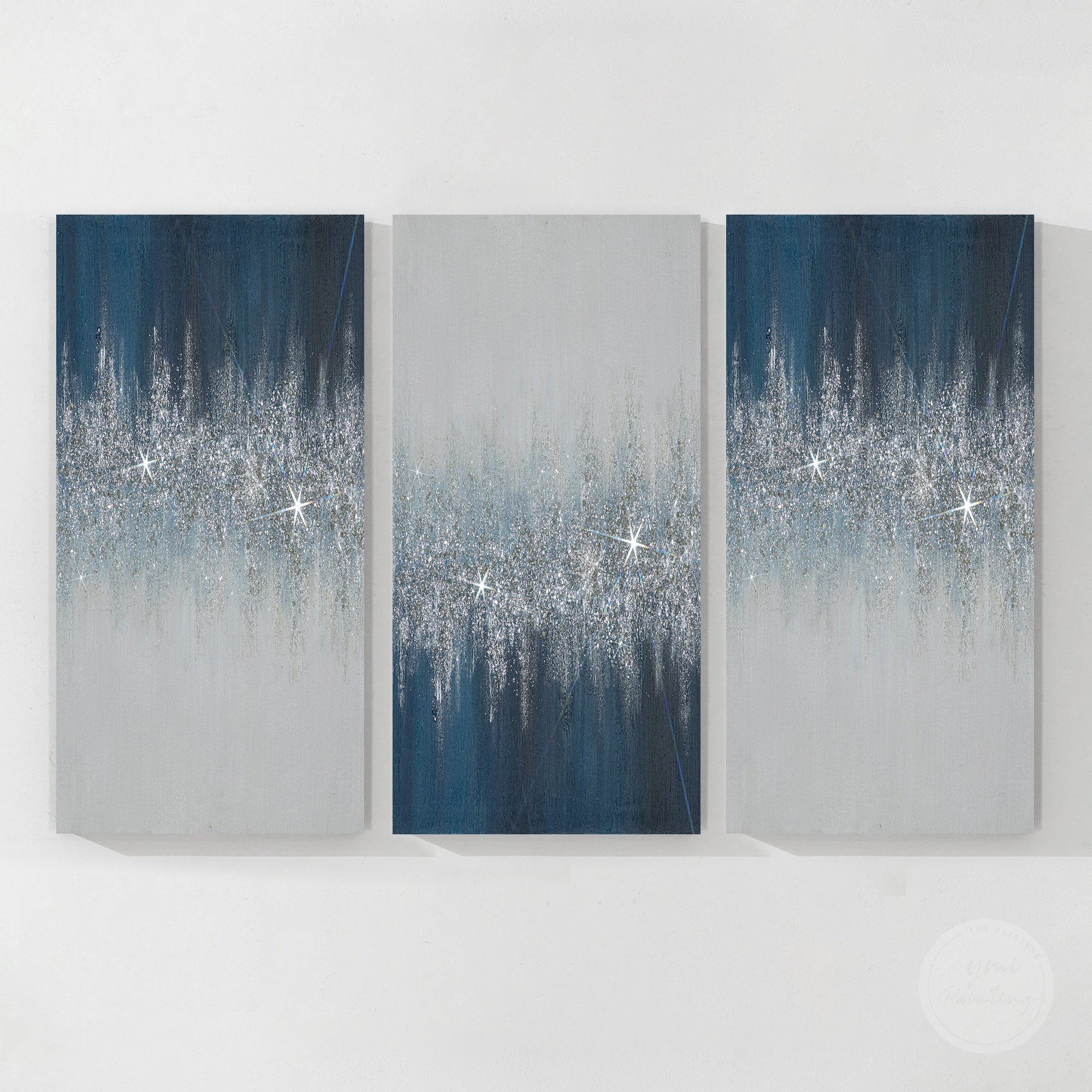Premium three piece glitter canvas artwork featuring shimmering silver textures and elegant deep blue tones