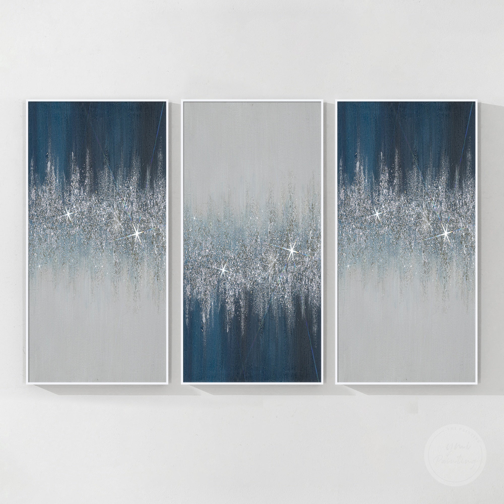 Set of 3 navy blue glitter art paintings with silver crushed glass texture and modern luxury wall decor design