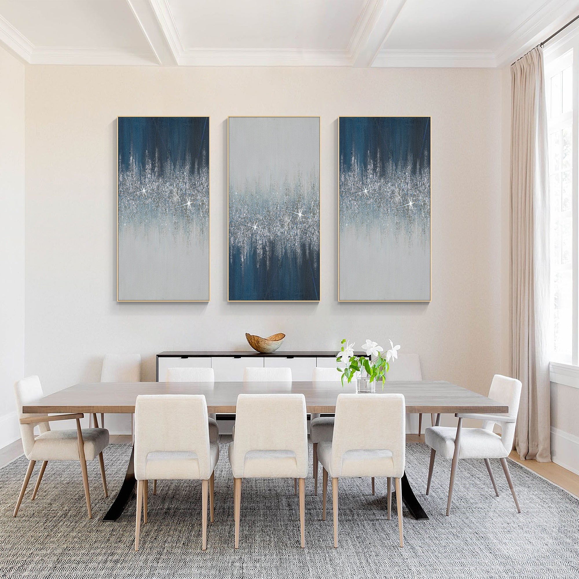 Handmade navy blue glitter wall art triptych featuring sparkling silver details and textured glass finish
