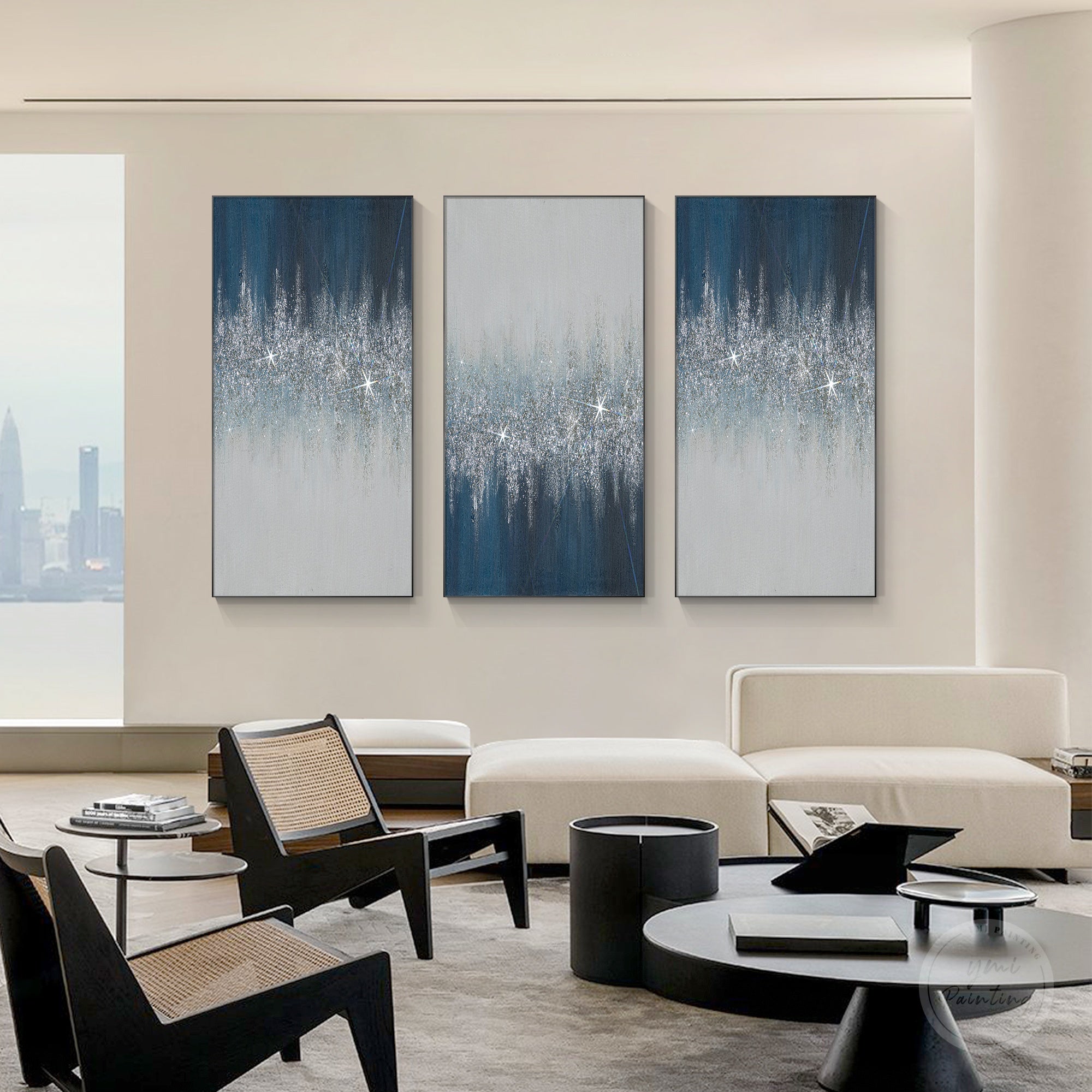 Minimalist navy glitter painting set with crystal-like glass texture and sophisticated contemporary design