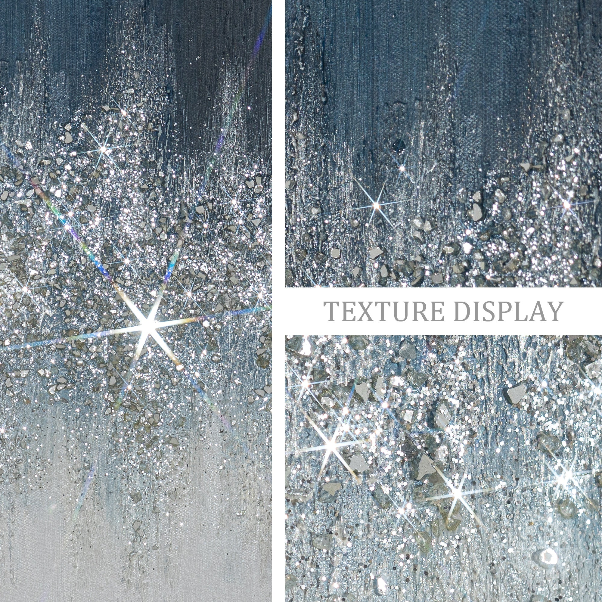 Modern navy blue abstract wall decor with silver glitter effects and handcrafted crushed glass details