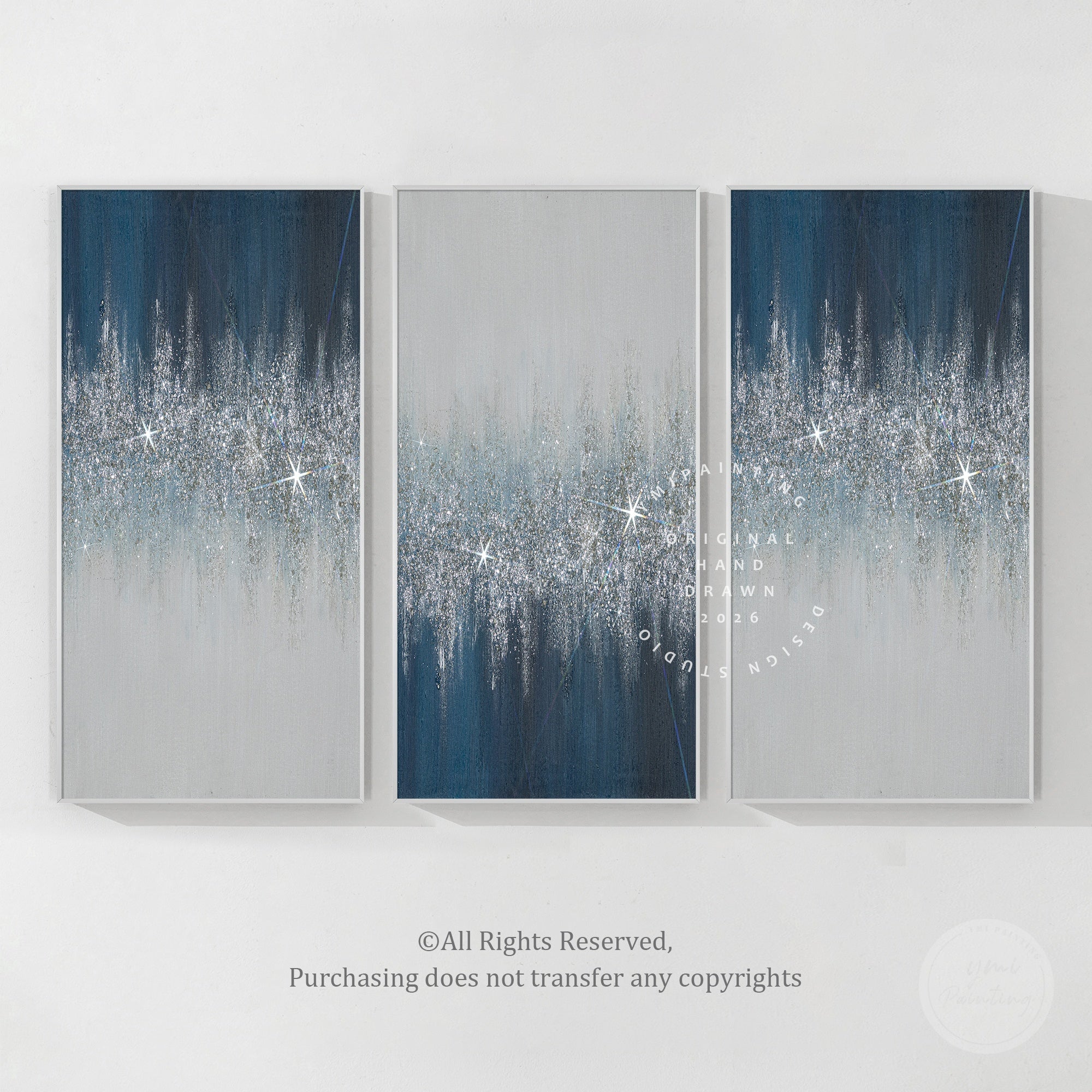 Unique silver glitter crushed glass wall art with navy blue abstract composition for luxury interior decoration