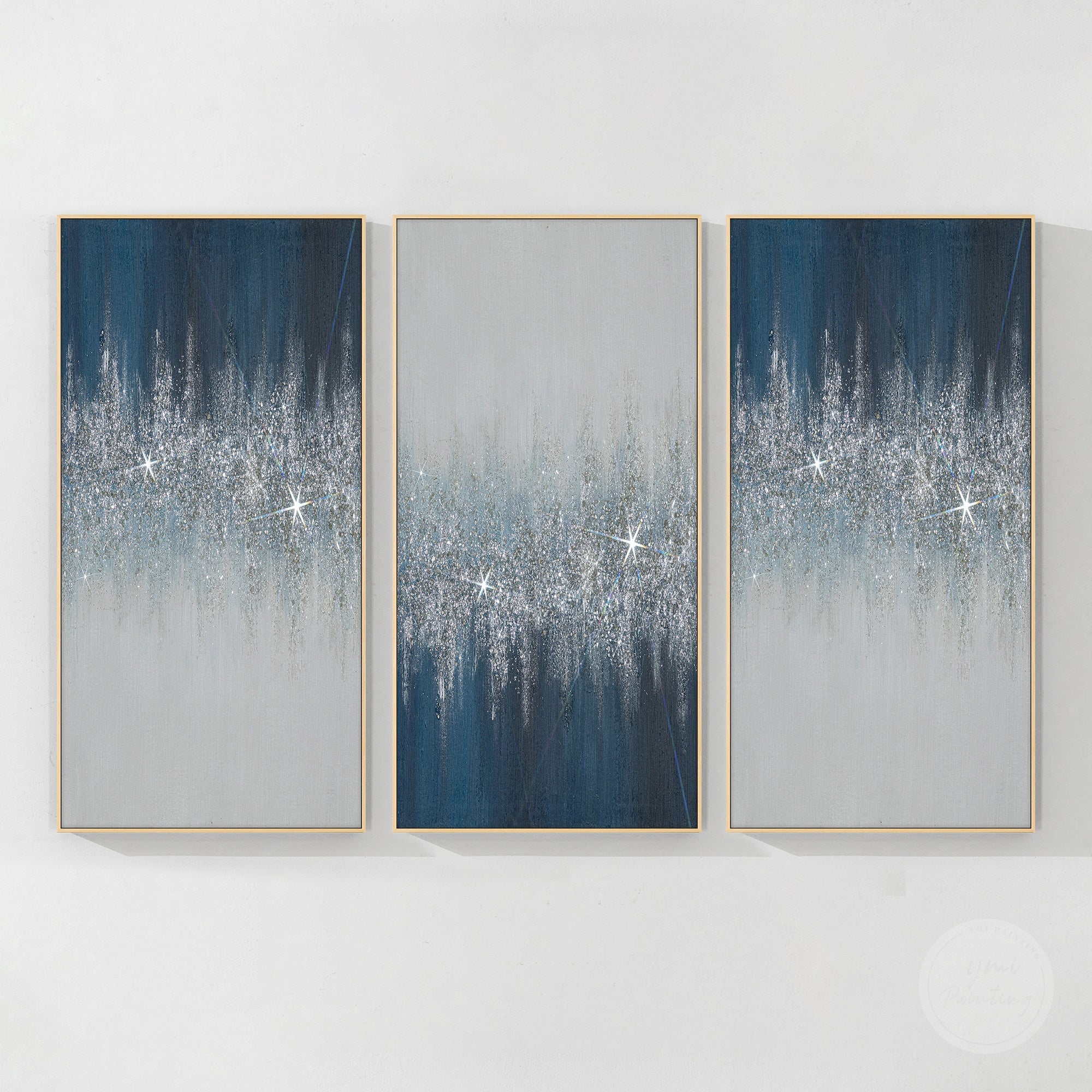 Unique silver glitter crushed glass wall art with navy blue abstract composition for luxury interior decoration