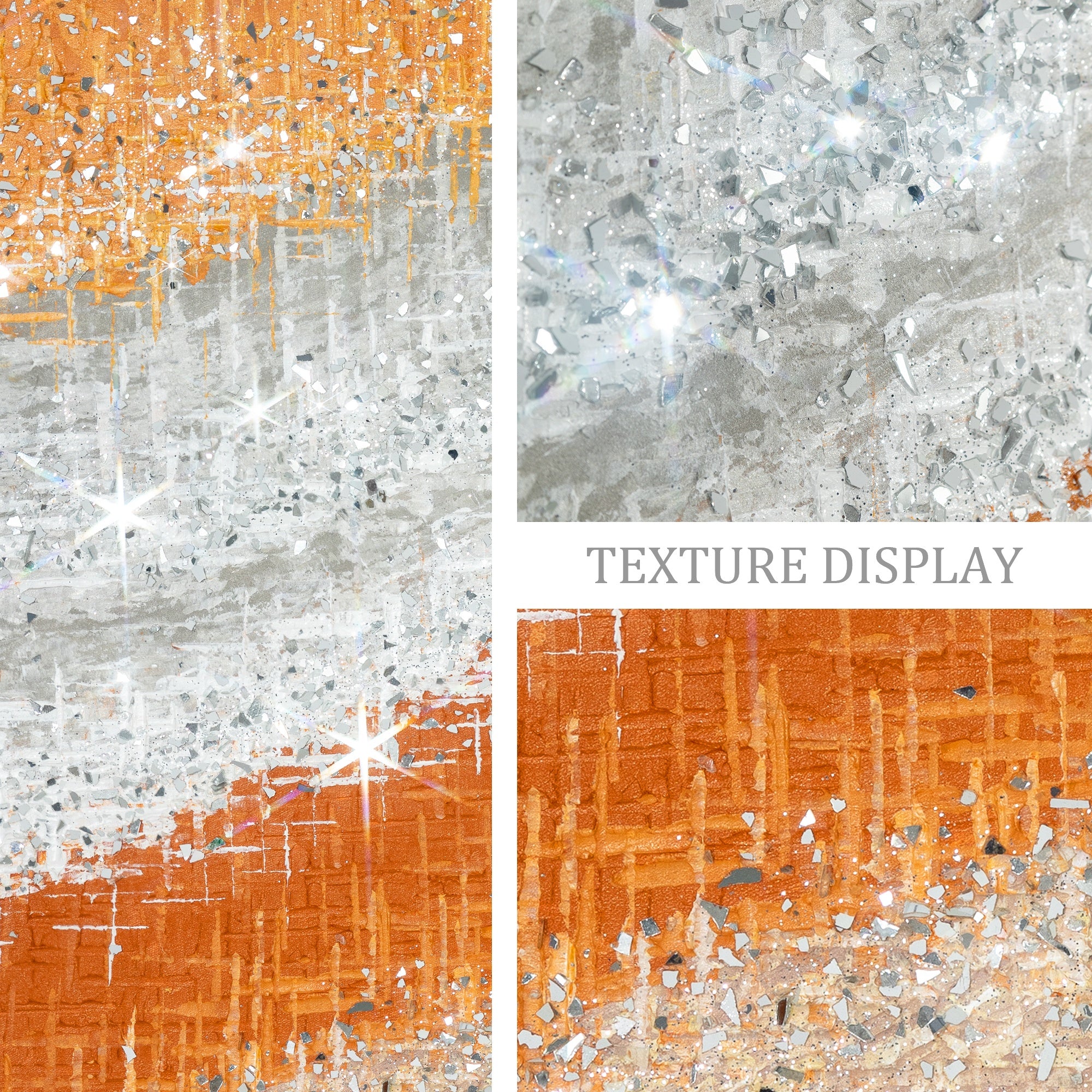 Unique citrus inspired abstract painting with glitter, crushed glass texture, and modern home wall decoration
