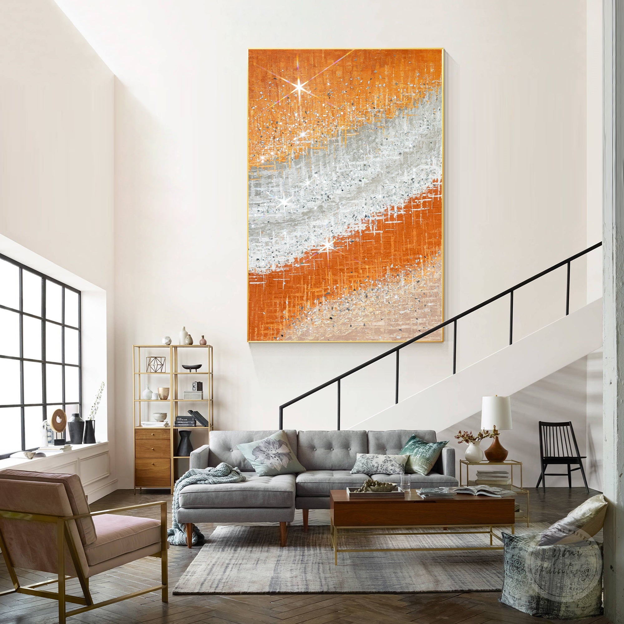 Luxury textured wall painting with crushed glass accents, radiant orange glow, and contemporary artistic style