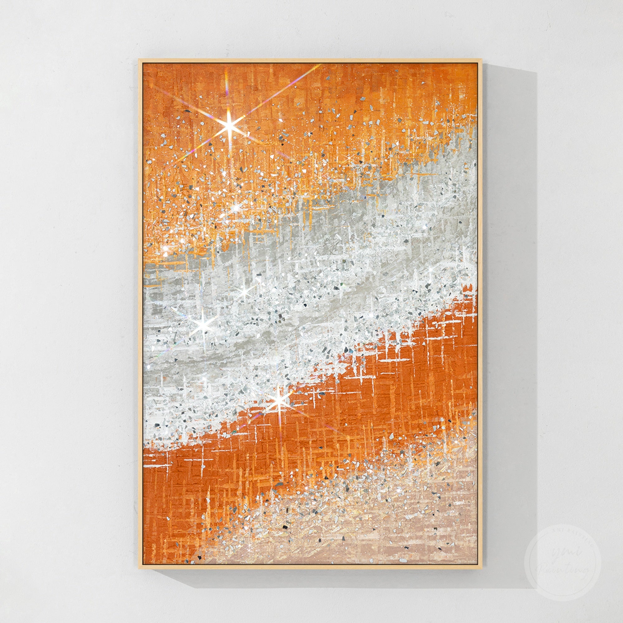 Unique citrus inspired abstract painting with glitter, crushed glass texture, and modern home wall decoration