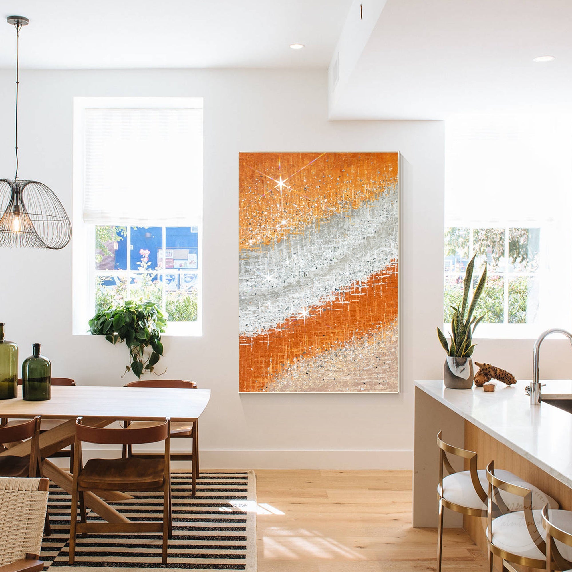 Orange crushed glass art with sparkling surface texture, creating a unique 3D effect for modern interiors