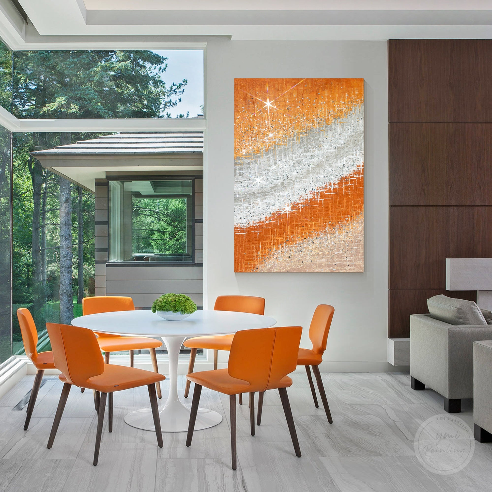 Textured citrus glow artwork with shimmering glass pieces and modern abstract composition for home decoration