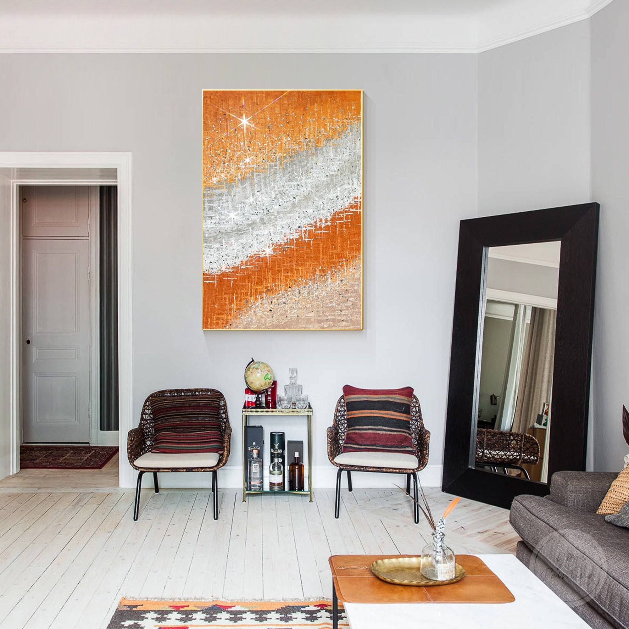 Handmade abstract wall art featuring citrus inspired colors, glitter highlights, and elegant glass texture