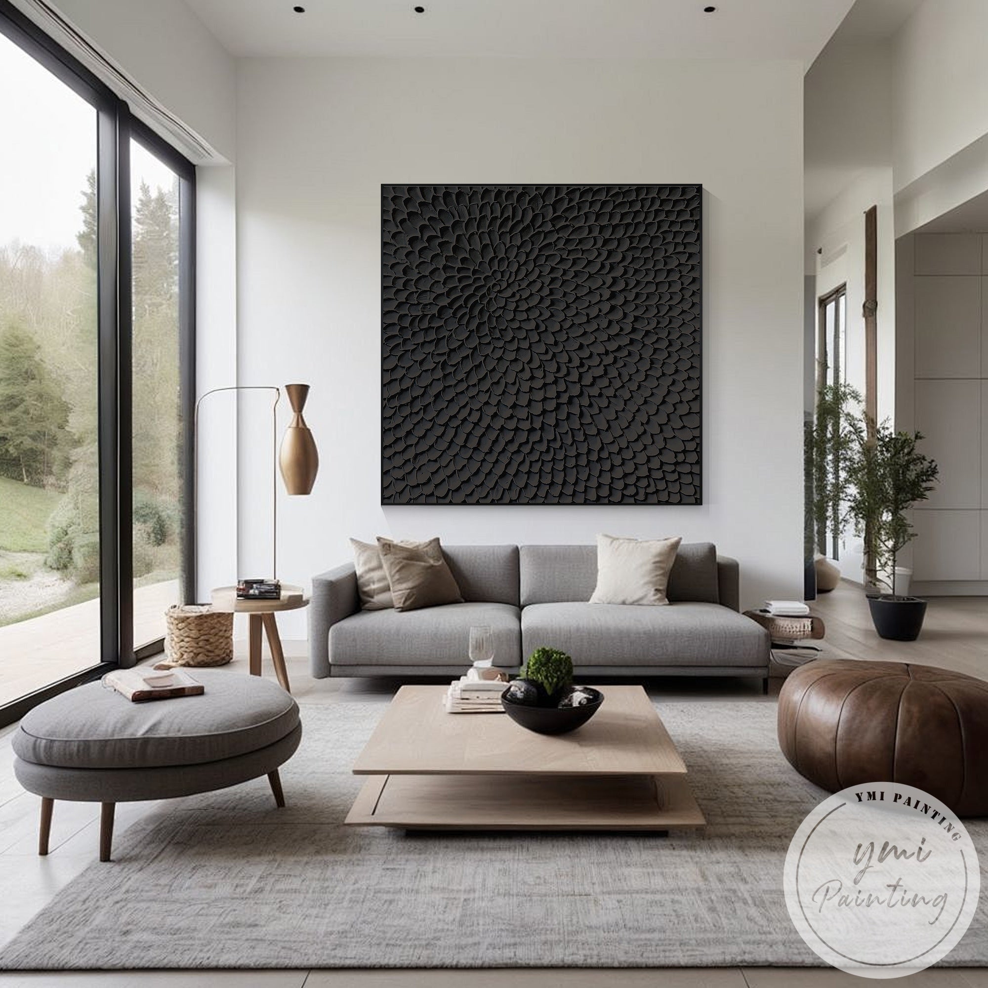 Luxury modern black wall art textured relief canvas painting