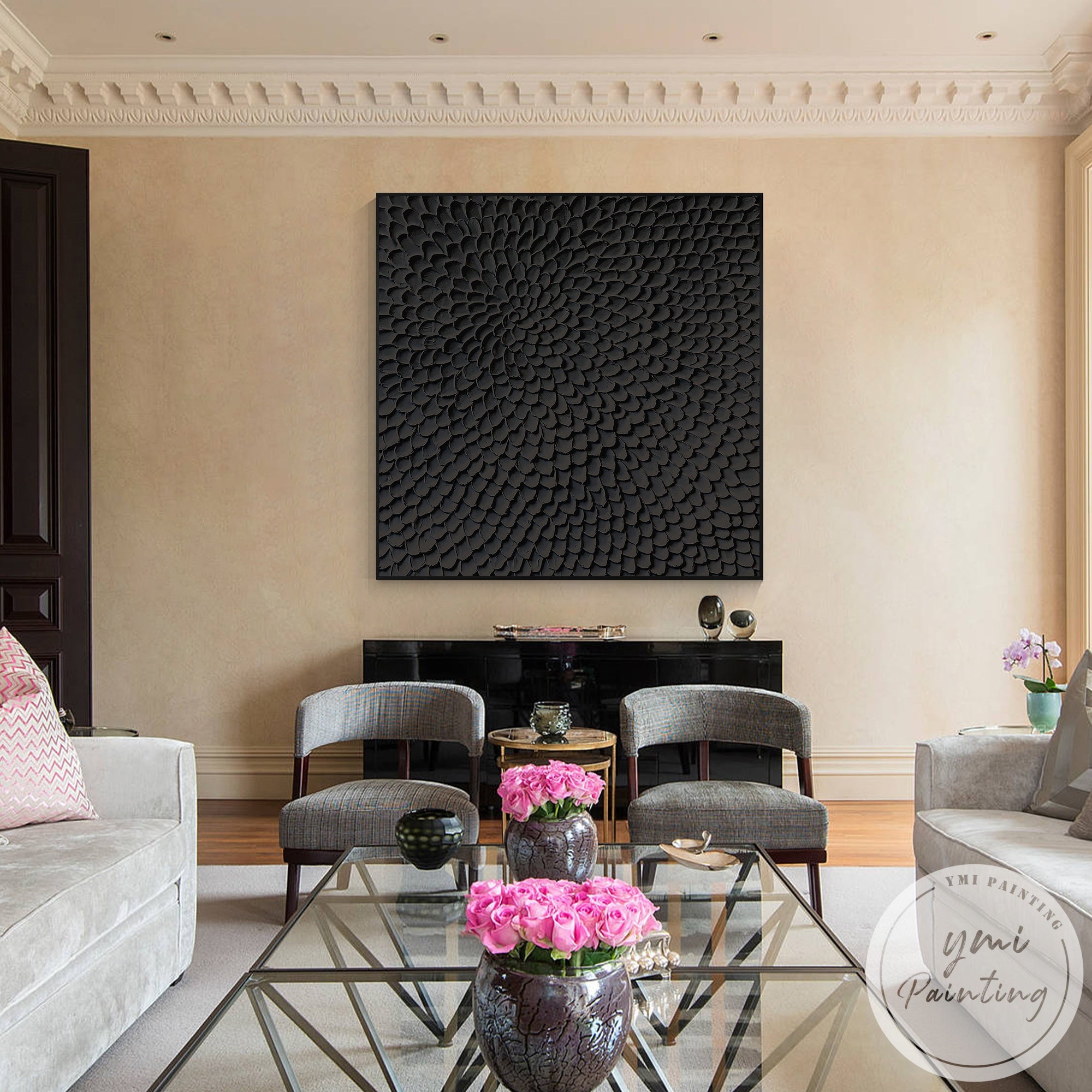 Modern black relief wall decor abstract floral textured painting