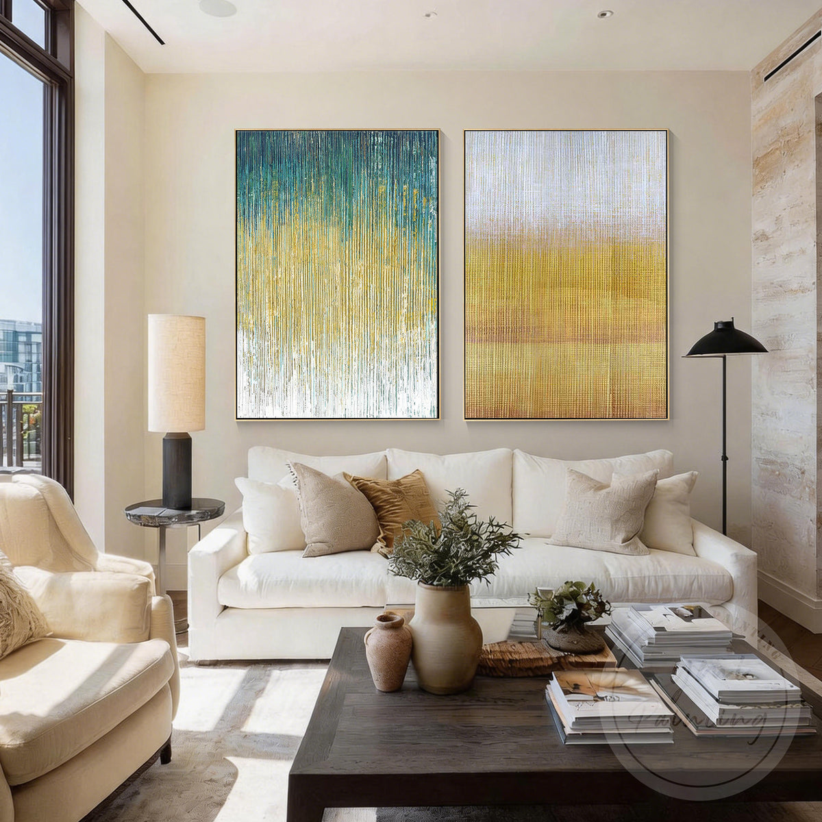 Hand-painted green and gold metallic textured canvas art