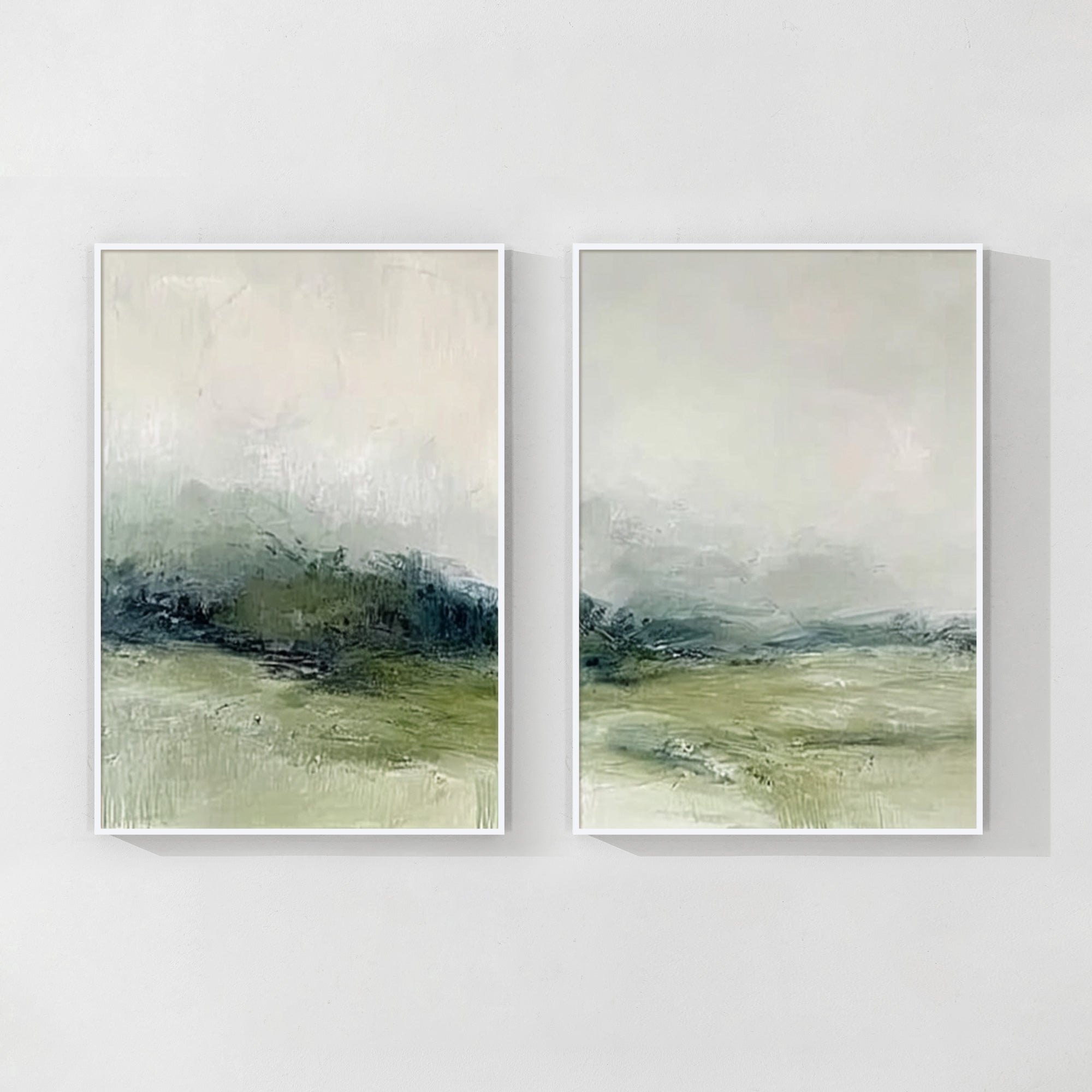 minimal green landscape wall art set above modern living room sofa