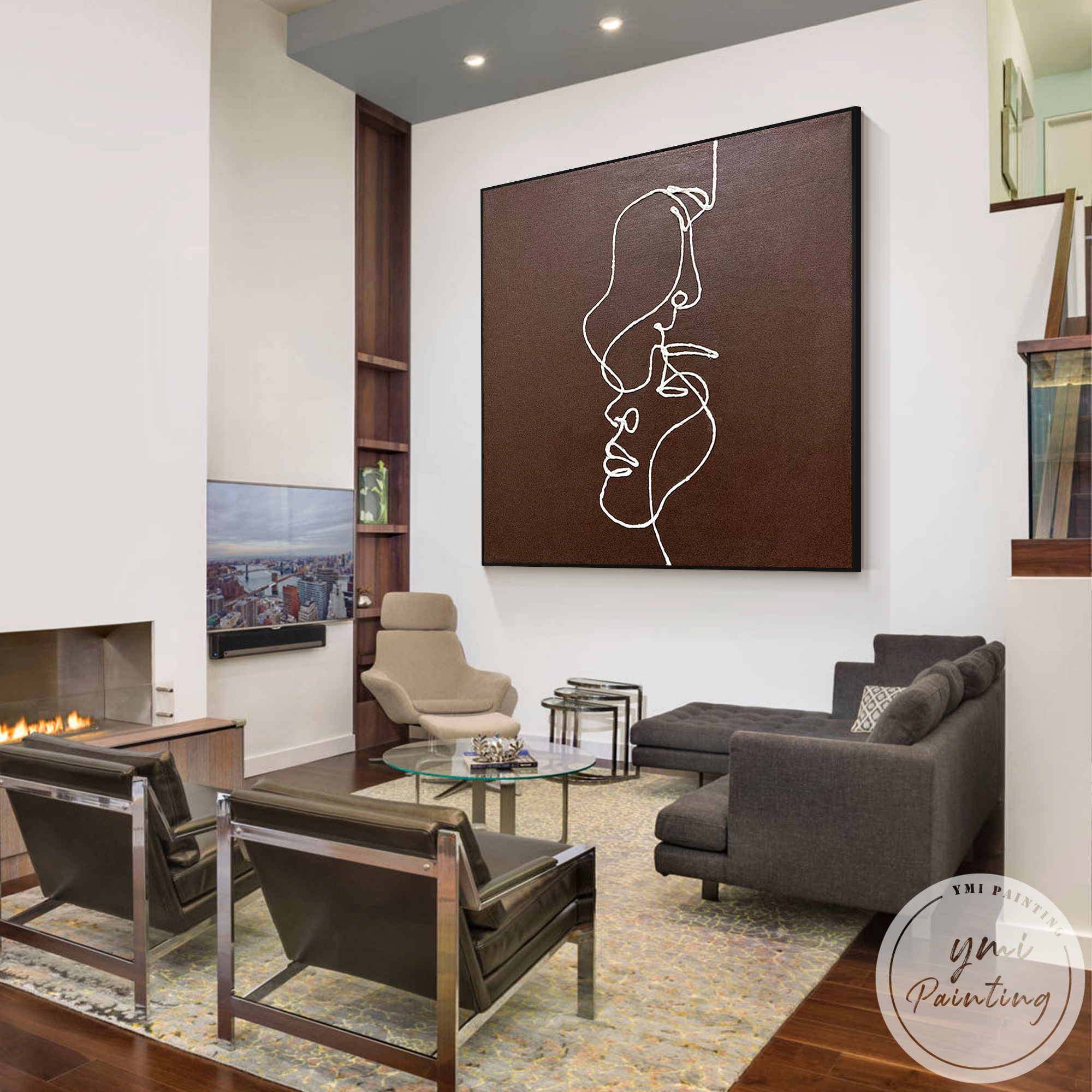 Abstract one line portrait canvas modern neutral art
