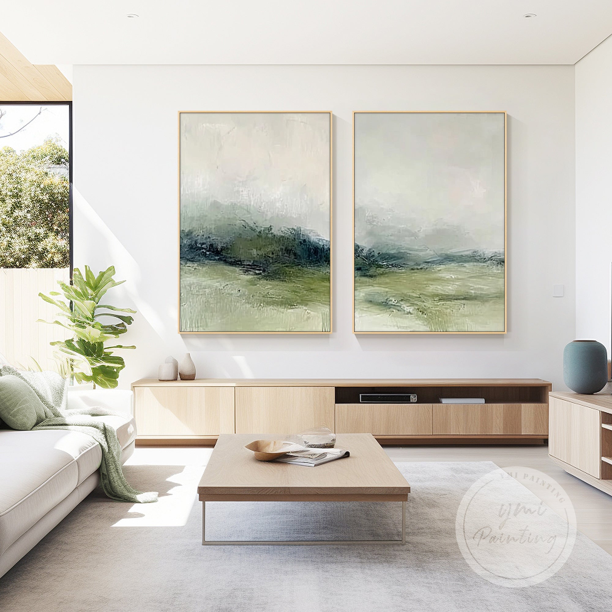 abstract sage green diptych canvas in neutral dining room setting