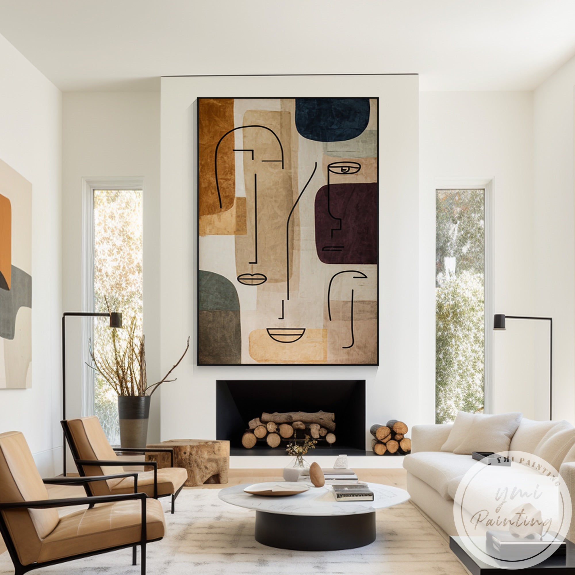 Oversized modern portrait painting for contemporary living room decor