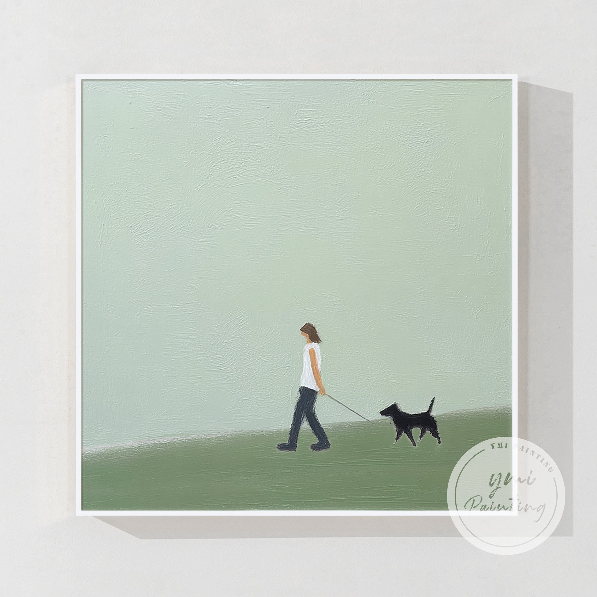 modern minimalist person walking dog wall decor painting
