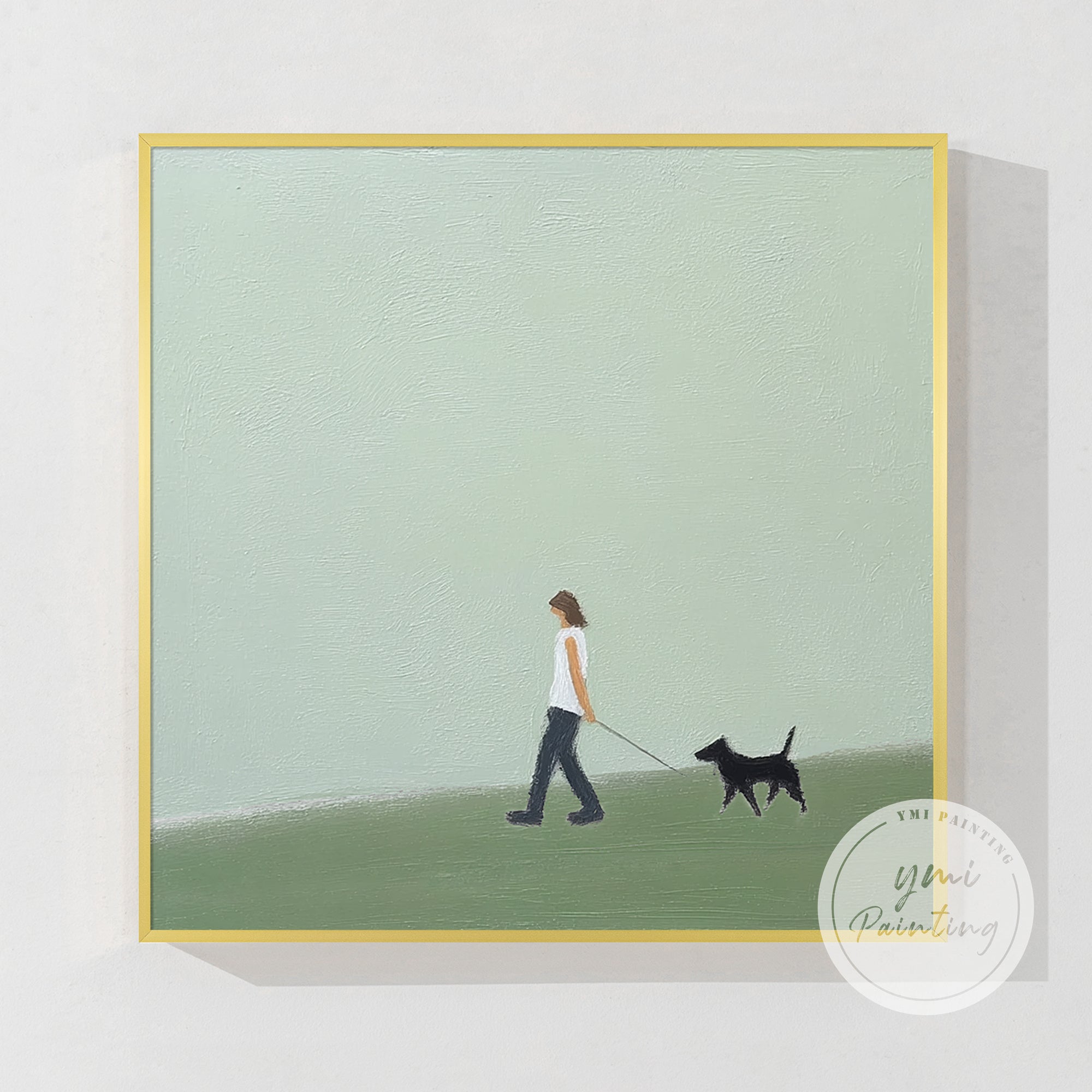 minimalist green nature canvas wall decor with walking dog