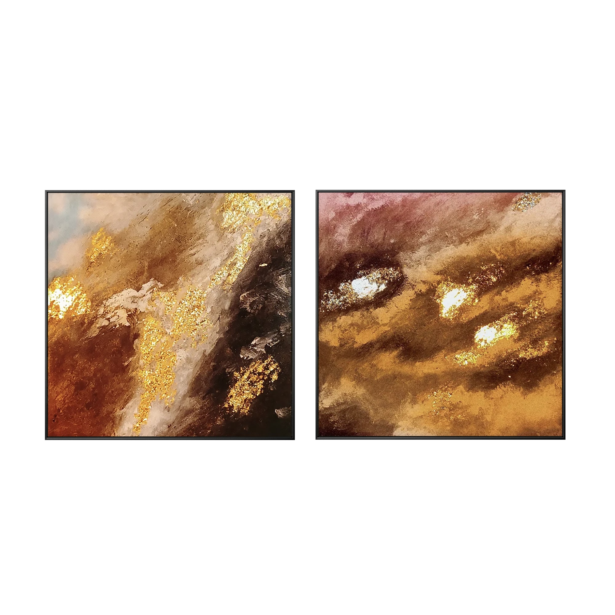 Minimalist diptych painting of fire clouds with gold leaf and dynamic swirling colors.