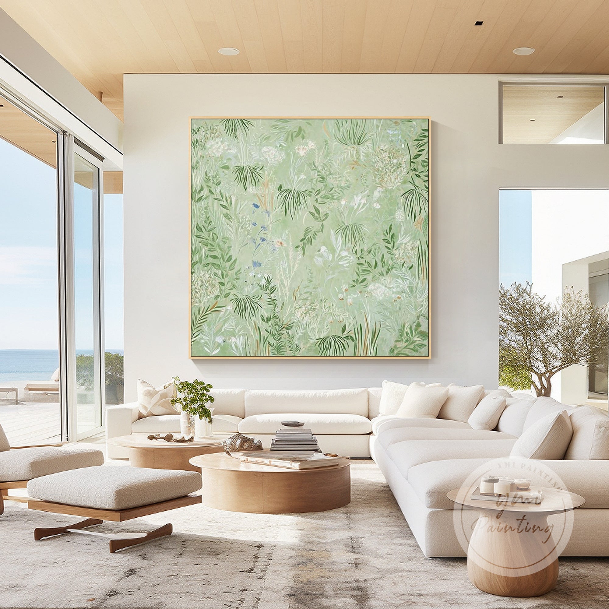 minimalist floral painting decorating bright living room wall