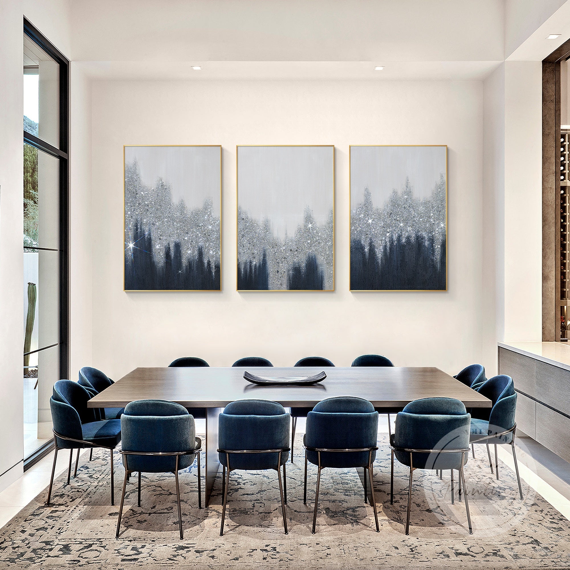 Minimalist abstract painting with silver glitter for home decor in a meeting room