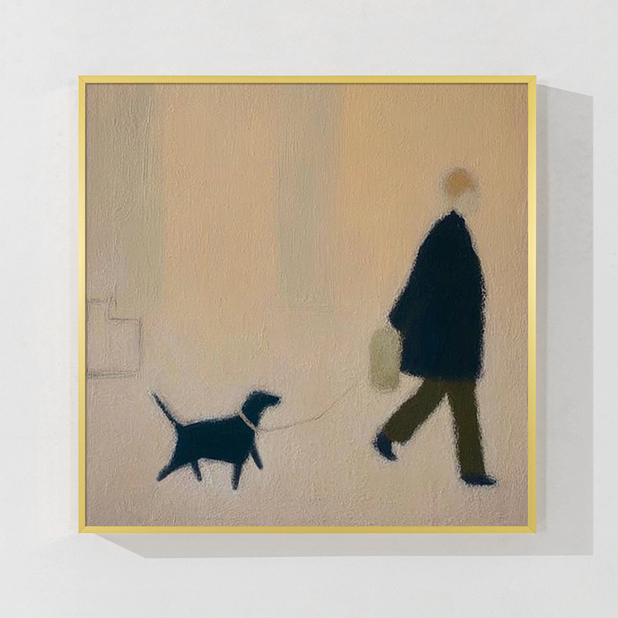 Minimalist abstract painting of a person walking a dog on neutral beige background
