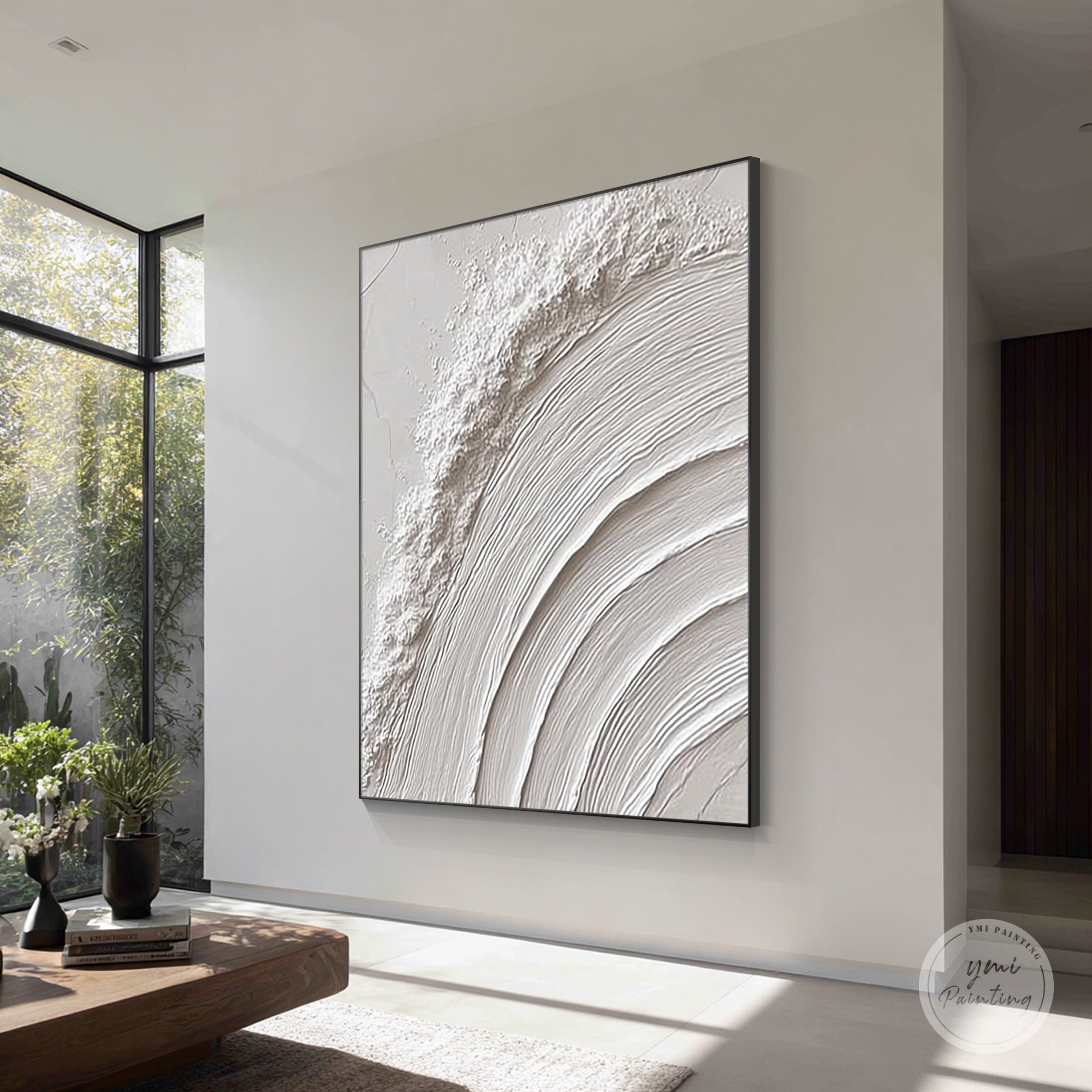 modern white plaster painting curved lines