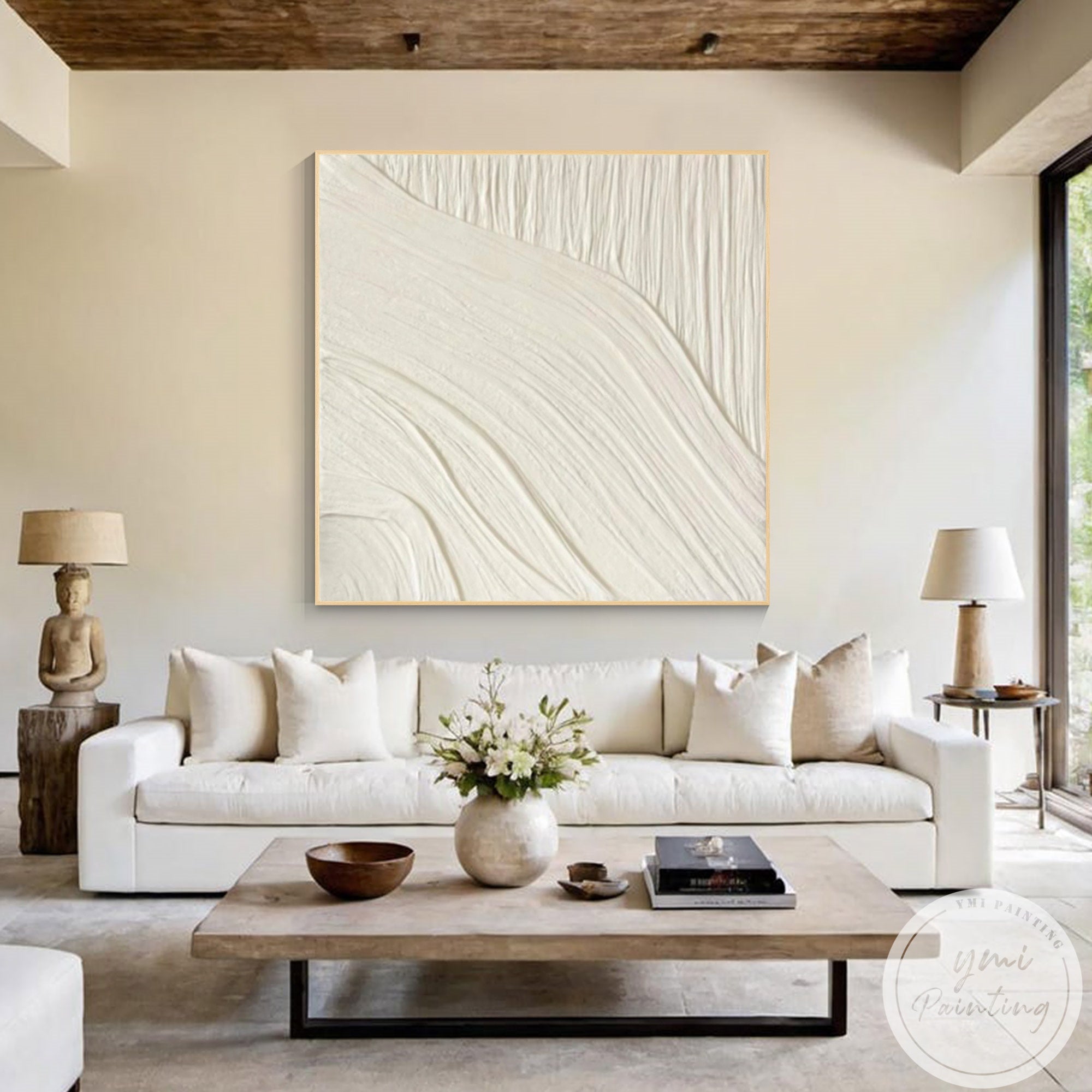 White minimalist 3D textured wall art for living room decor