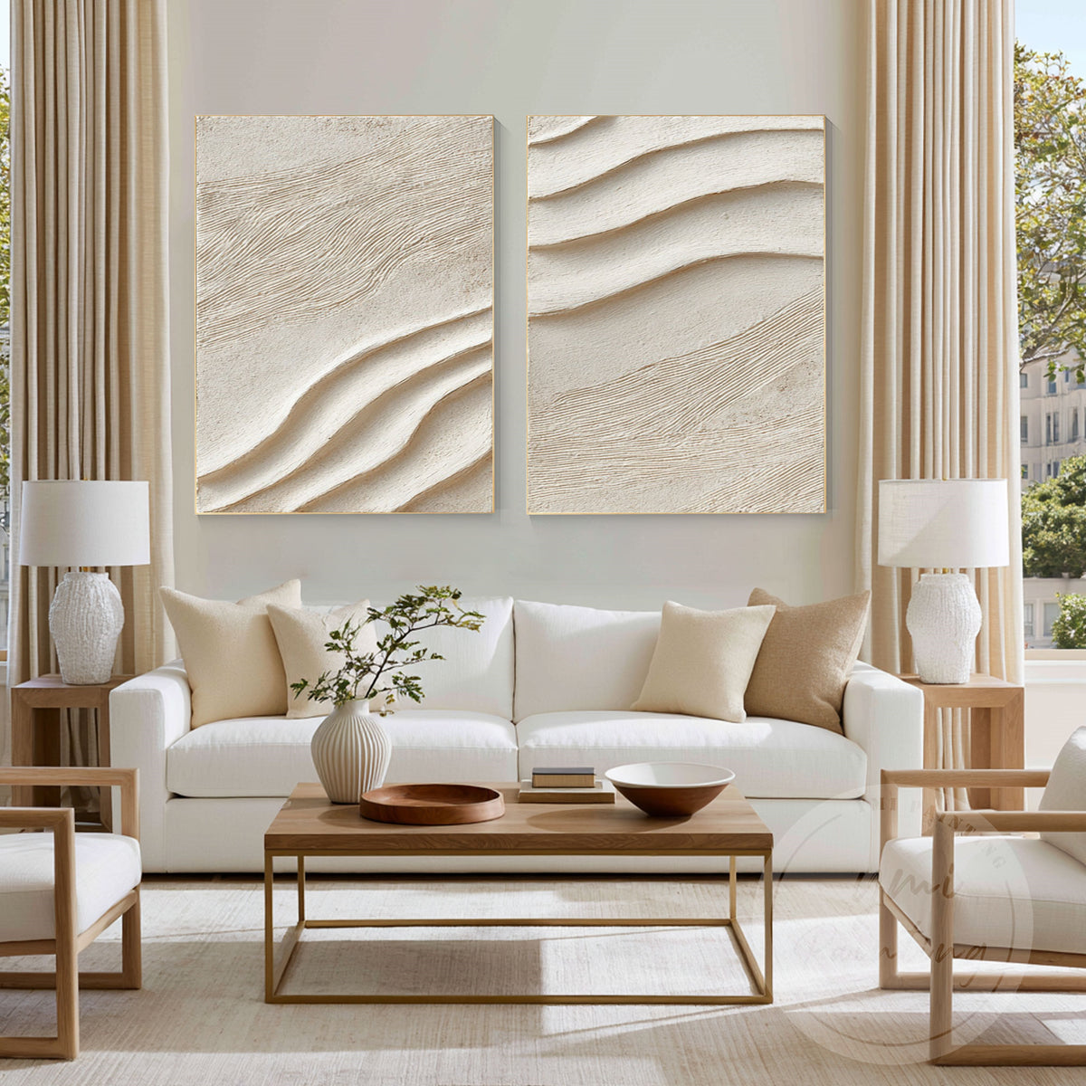 Minimalist 3D sand wave wall art set with beige plaster panels