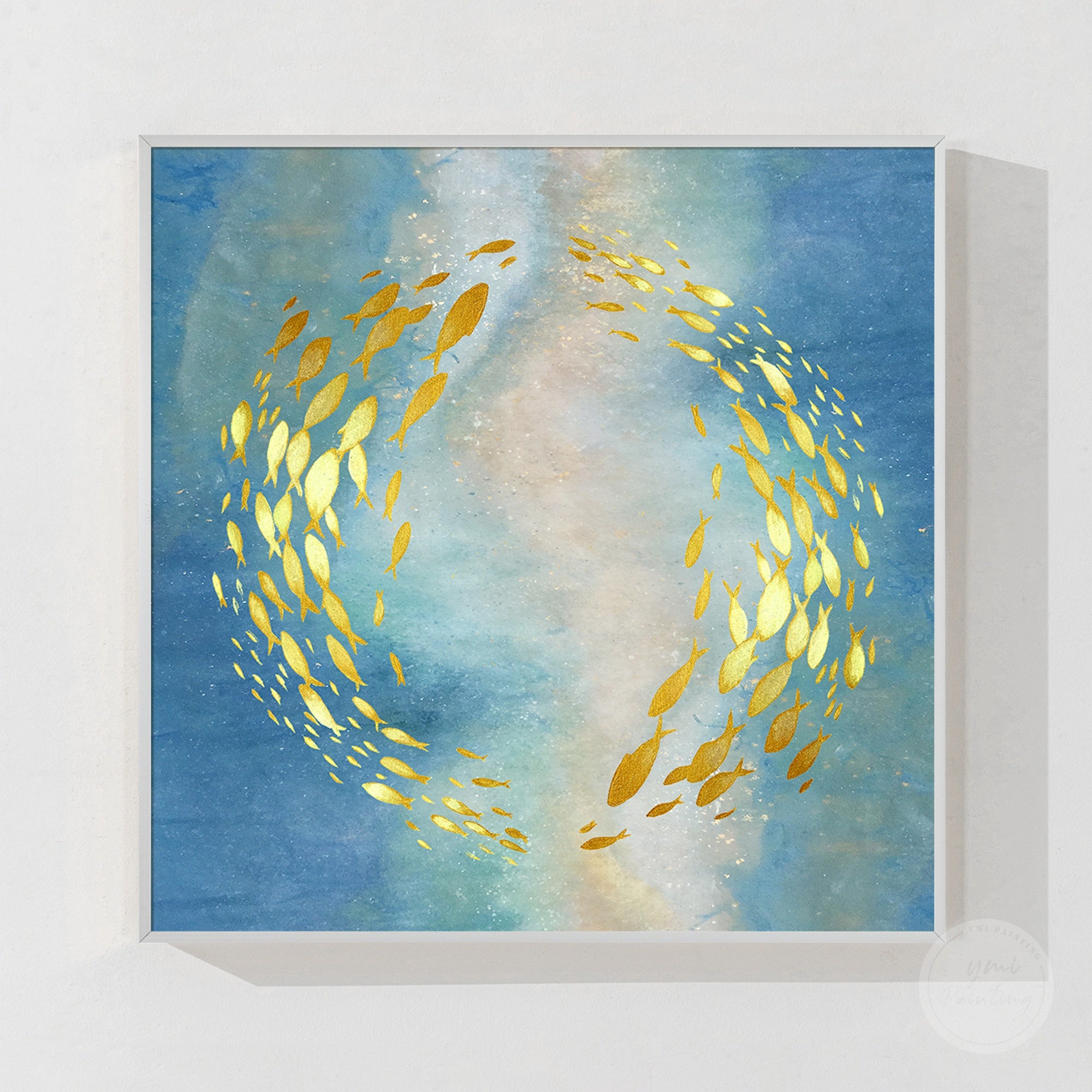 Oriental koi fish painting with symbolic lucky fish design, handmade texture, and modern interior style