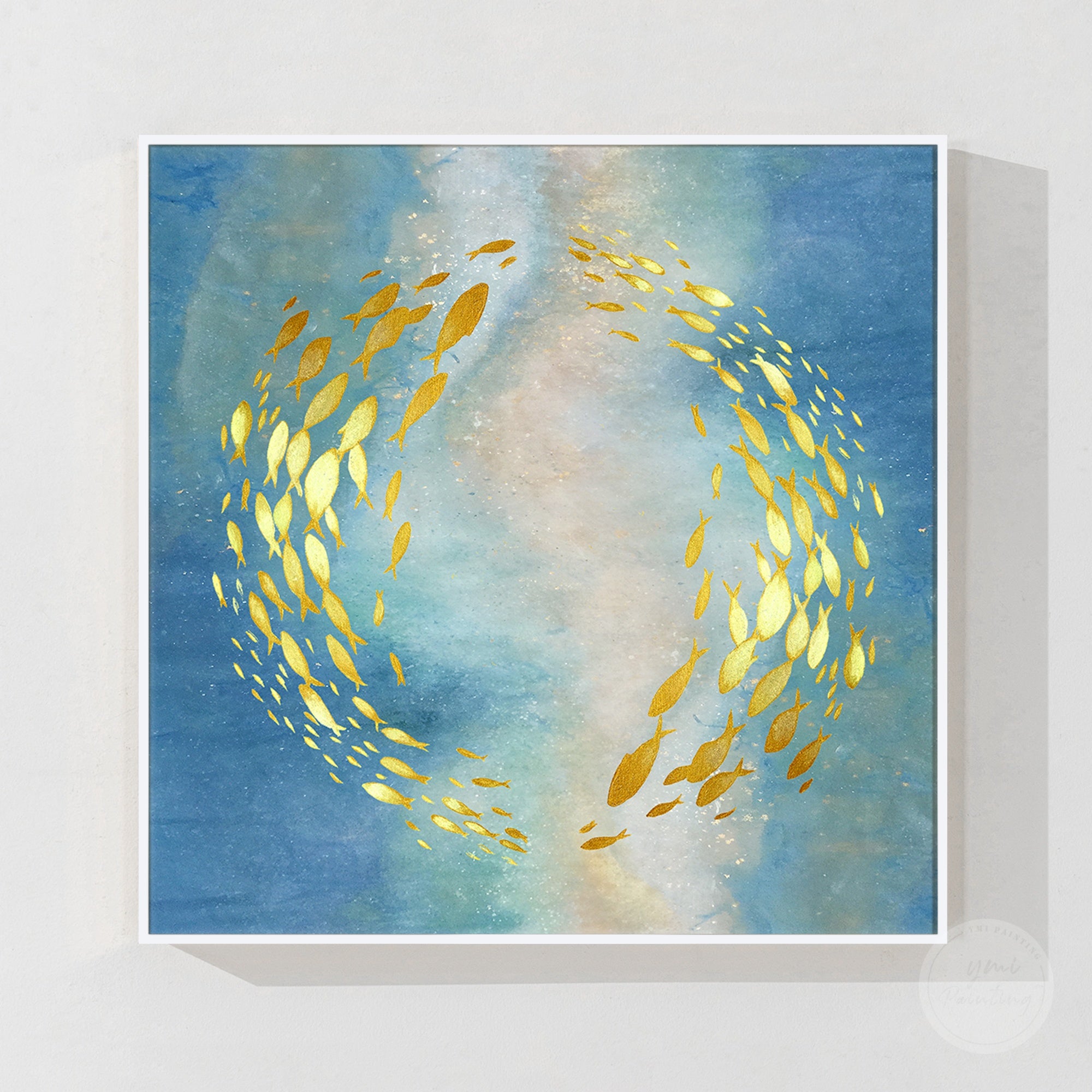 Premium koi fish canvas artwork featuring flowing water movement, gold accents, and artistic craftsmanship