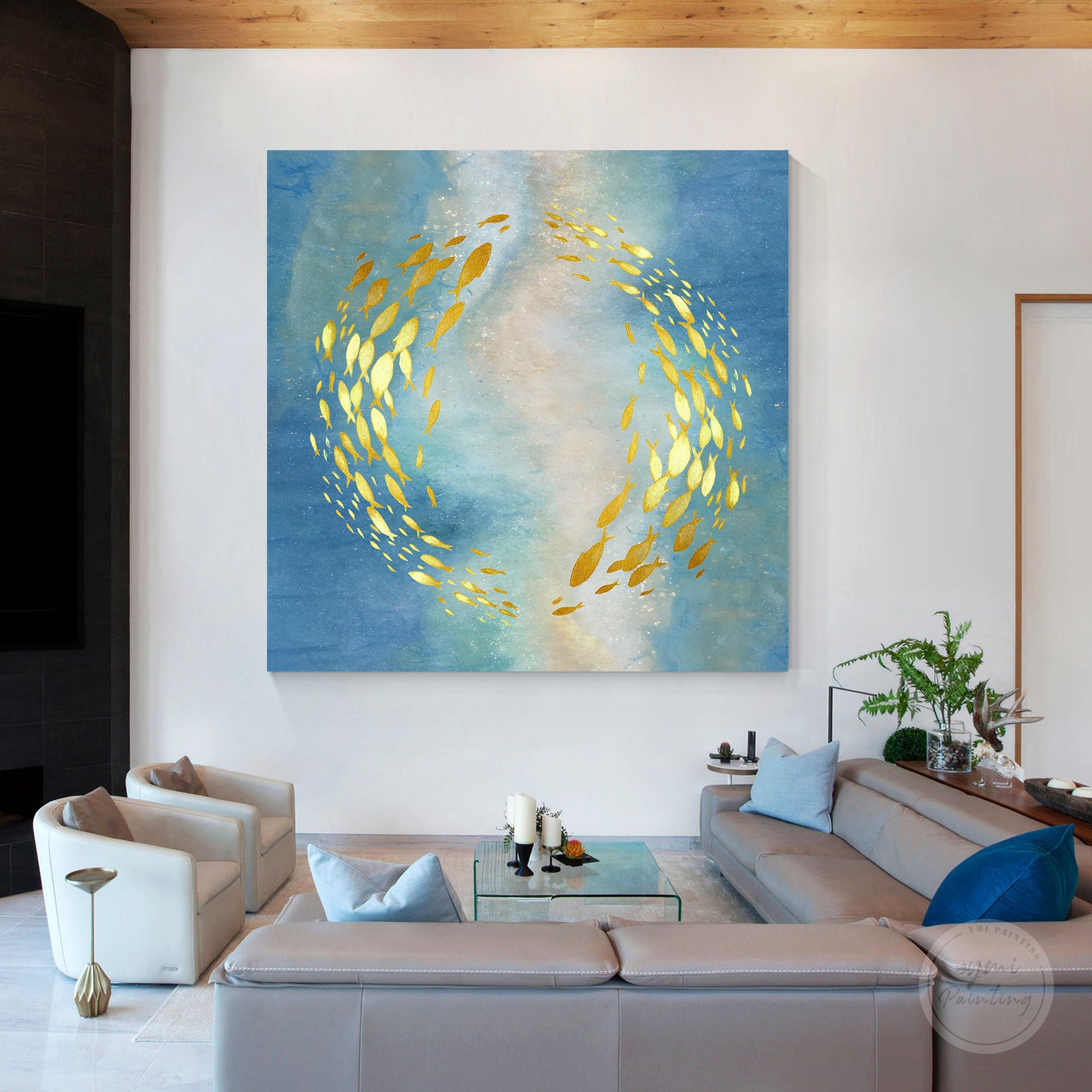 Luxury koi fish wall art featuring colorful swimming fish, gold accents, and handcrafted canvas texture