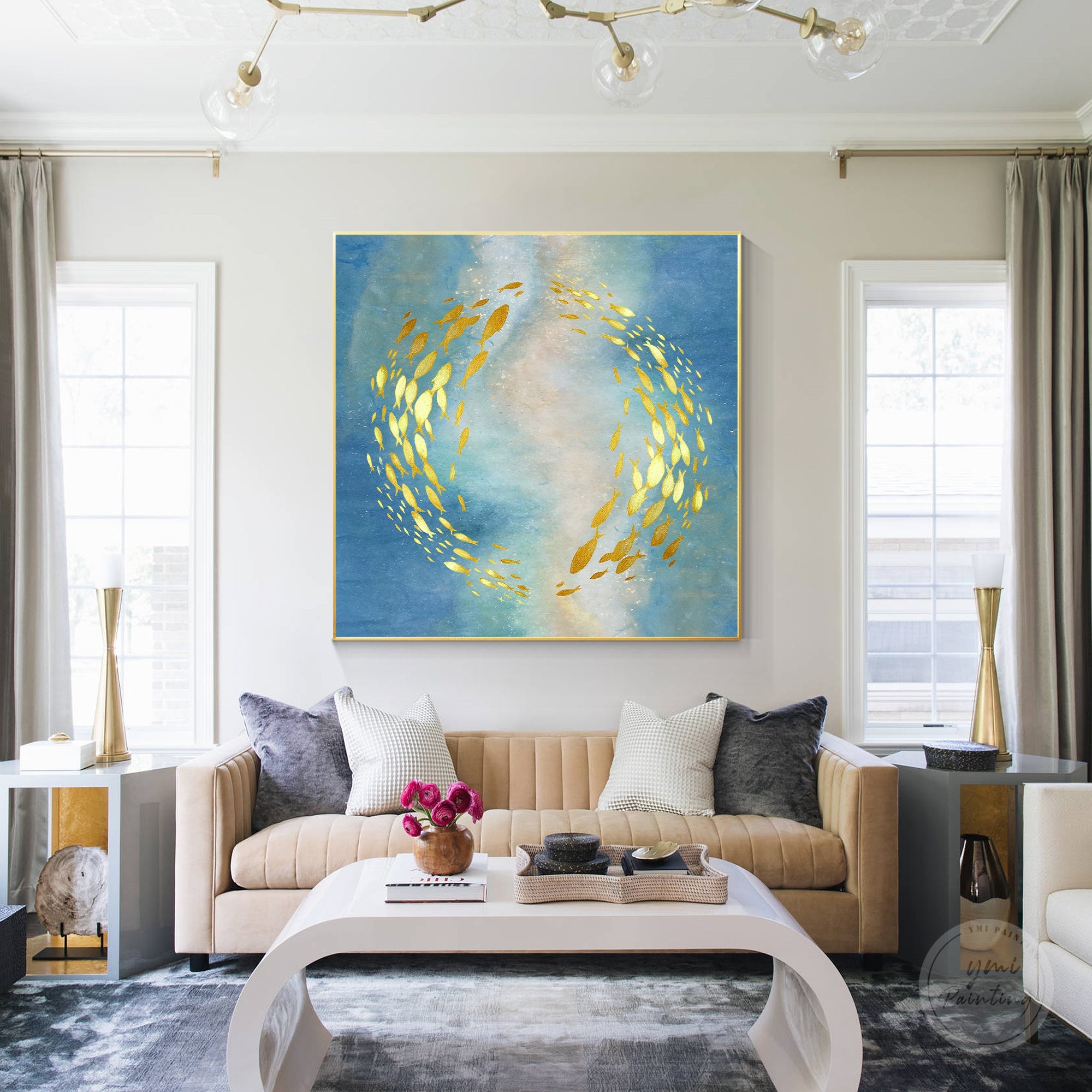 Contemporary koi fish wall decor with gold leaf texture and vibrant details for living room decoration