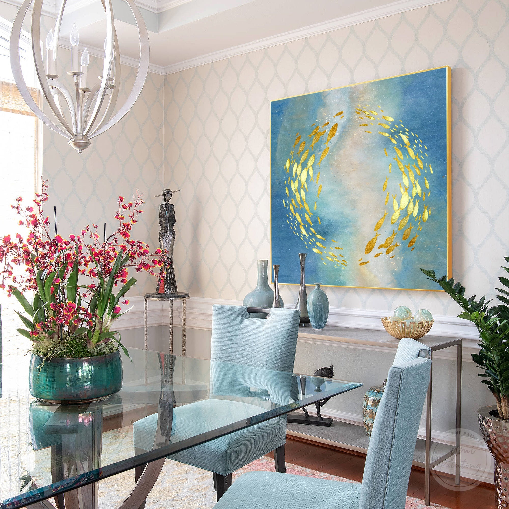 Hand painted koi fish canvas art featuring graceful fish shapes and luxurious golden decorative elements