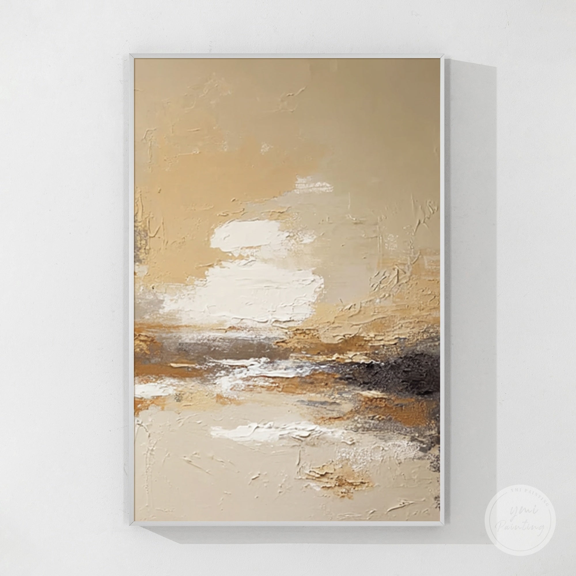 hand painted textured canvas art in beige and white tones